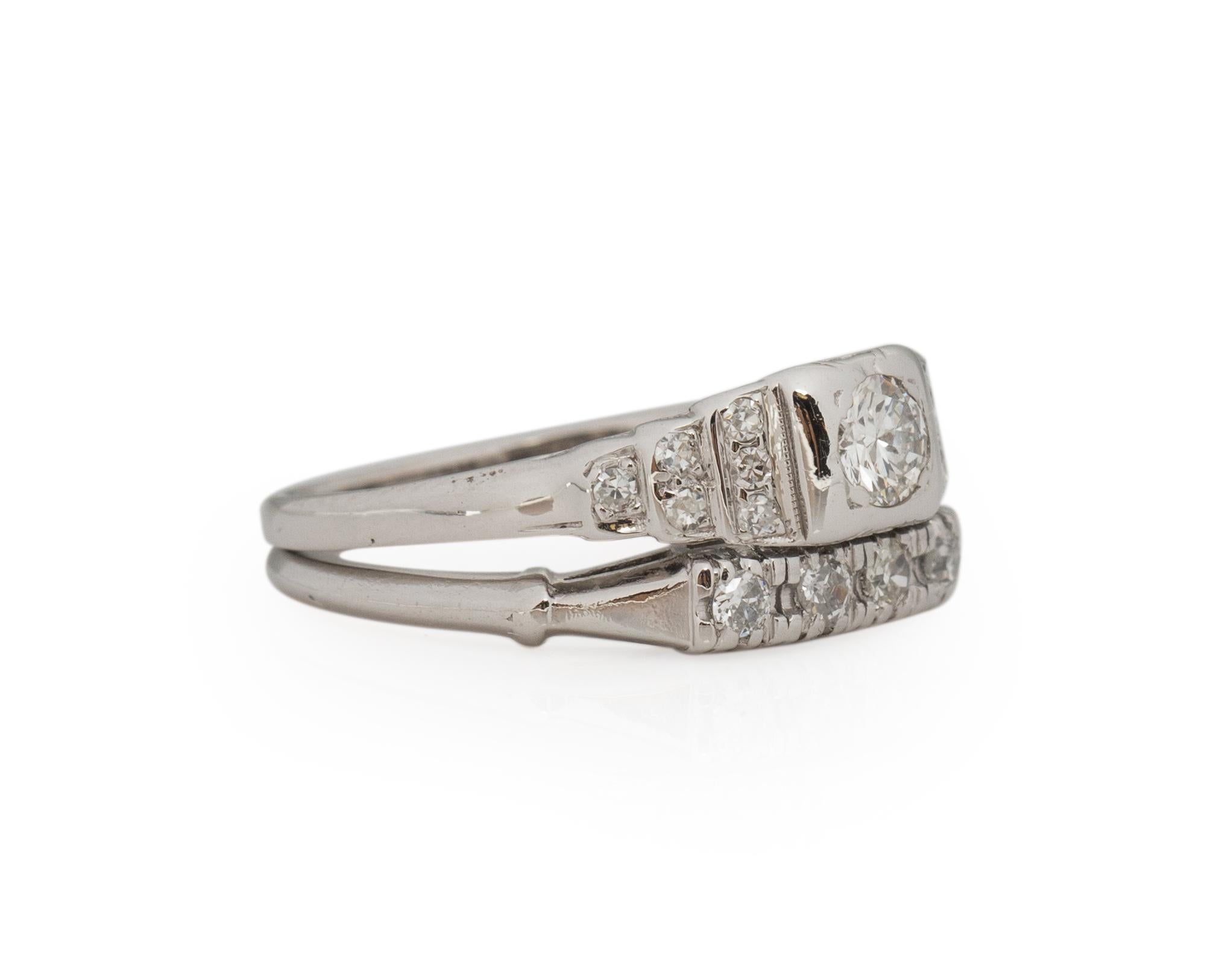 Ring Size: 6.5
Metal Type: Platinum [Hallmarked, and Tested]
Weight: 4.8 grams

Center Diamond Details:
Weight: .20ct
Cut: Old European brilliant
Color: G
Clarity: VS

Side Stone Details:
Weight: .15CT, total weight
Cut: Antique European Cut
Color:
