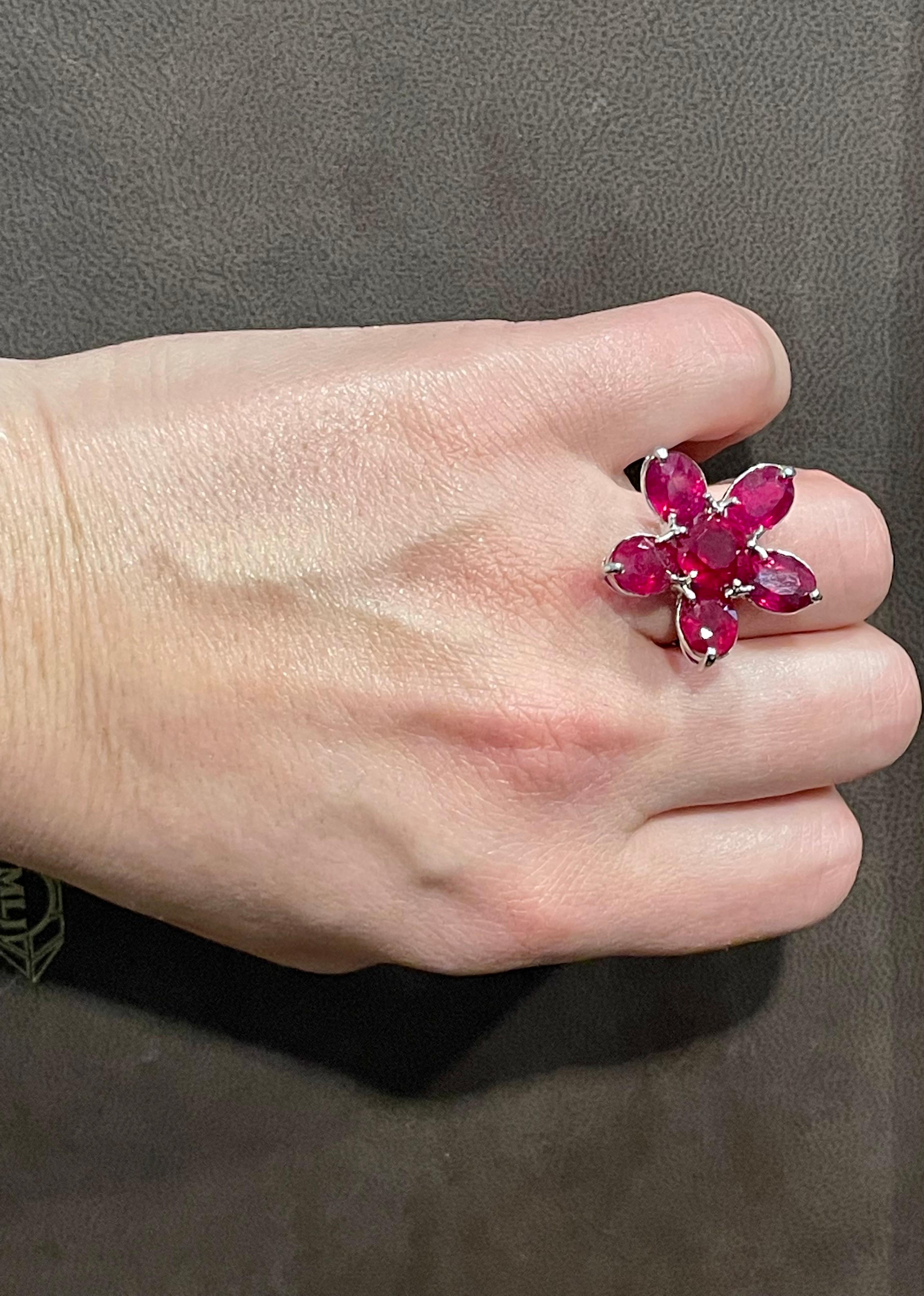 15 Carat Treated Ruby Big Flower Cocktail Ring in 18 Karat White Gold For Sale 12