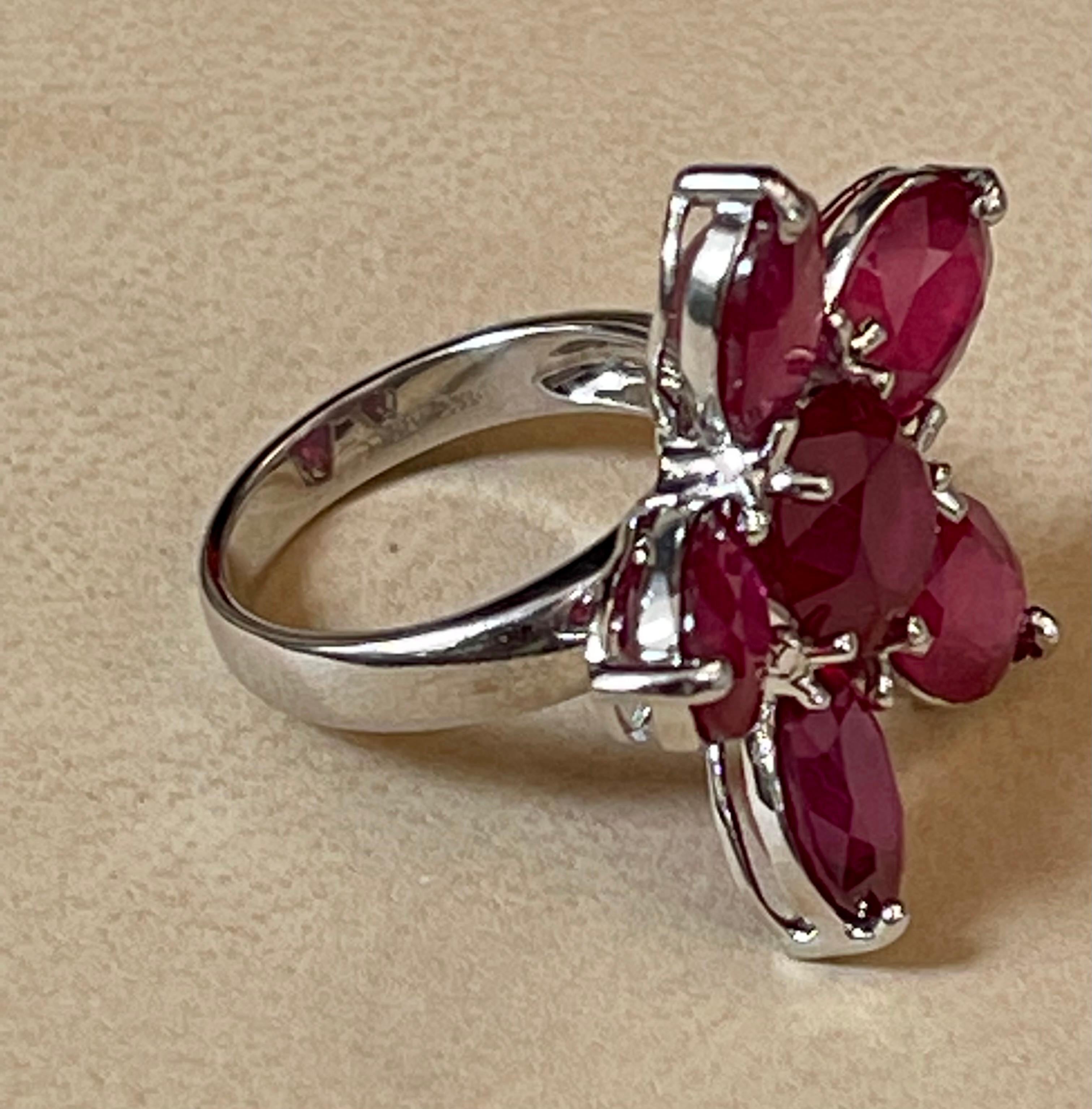 15 Carat Treated Ruby Big Flower Cocktail Ring in 18 Karat White Gold For Sale 3