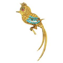 1.5 Carat Turquoise and Ruby Fancy Bird Brooch / Lapel Pin 18 Karat Yellow Gold