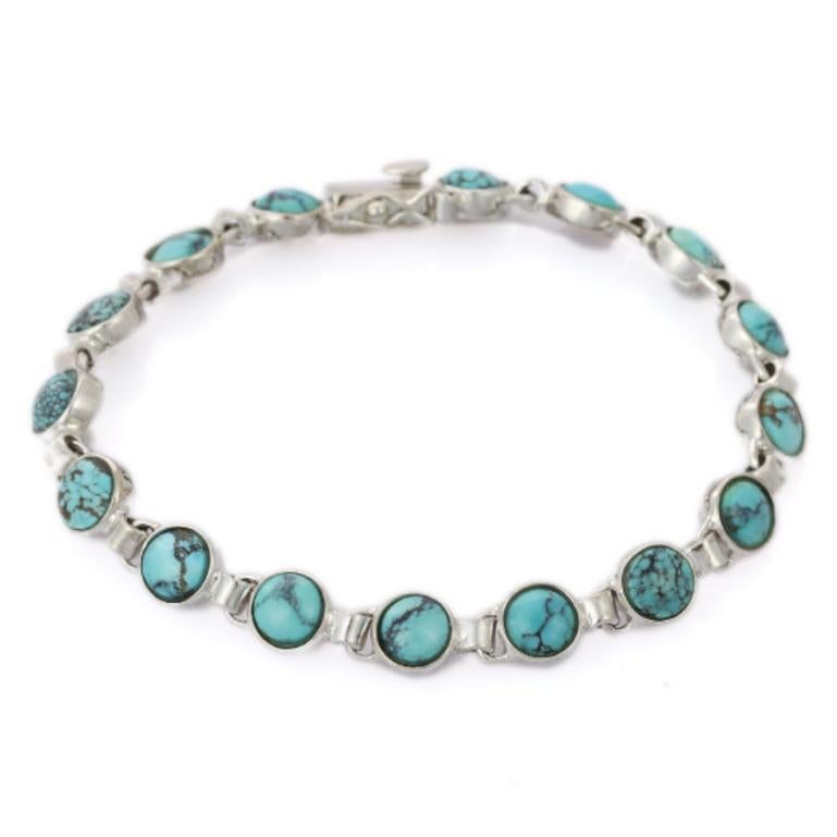 Modern 15 Carat Turquoise Chain Bracelet for Her Crafted in 925 Sterling Silver For Sale