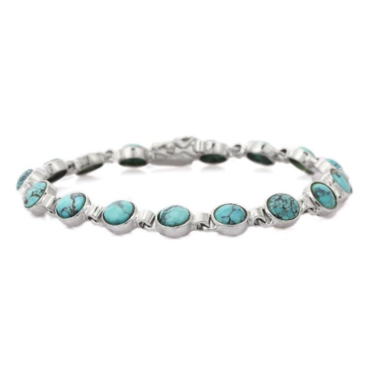 Round Cut 15 Carat Turquoise Chain Bracelet for Her Crafted in 925 Sterling Silver For Sale