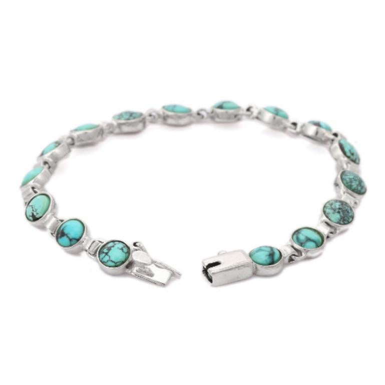 15 Carat Turquoise Chain Bracelet for Her Crafted in 925 Sterling Silver In New Condition In Houston, TX