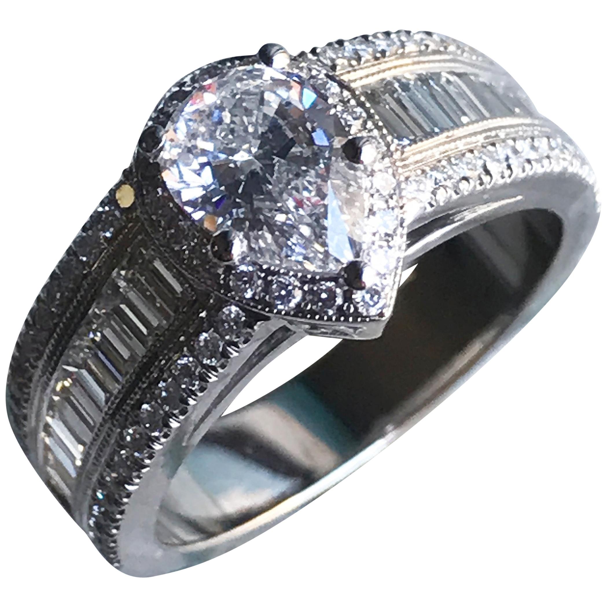 1.5 Carat TW Approximate Pear Shape Halo Diamond Ring, 14 Karat White Ben Dannie For Sale