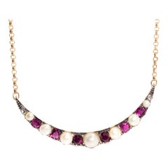 15 Carat Victorian Era Ruby and Pearl Necklet 9 Carat Vintage Gold Chain