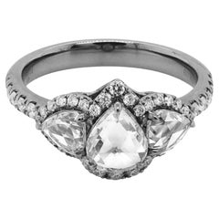 1.5 Carat White Diamond Rose Cut Three Stone Solitaire 18K Modern Twist Ring