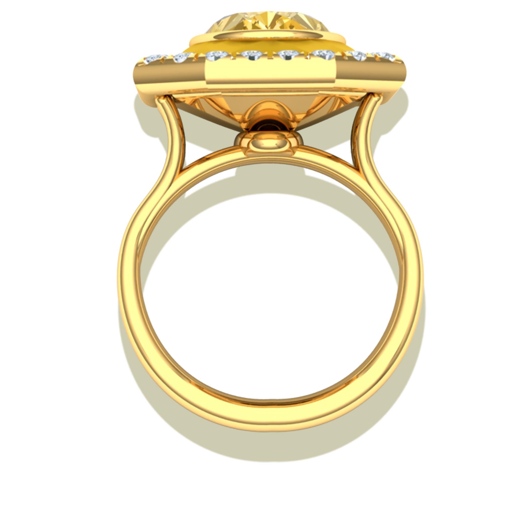 This beautiful and unique yellow diamond ring has something you will see in no other jewelry.  We've taken the classic world of yellow diamonds and twisted it with a modern touch of semi-paque yellow Chalcedony.  This combination pairs refraction