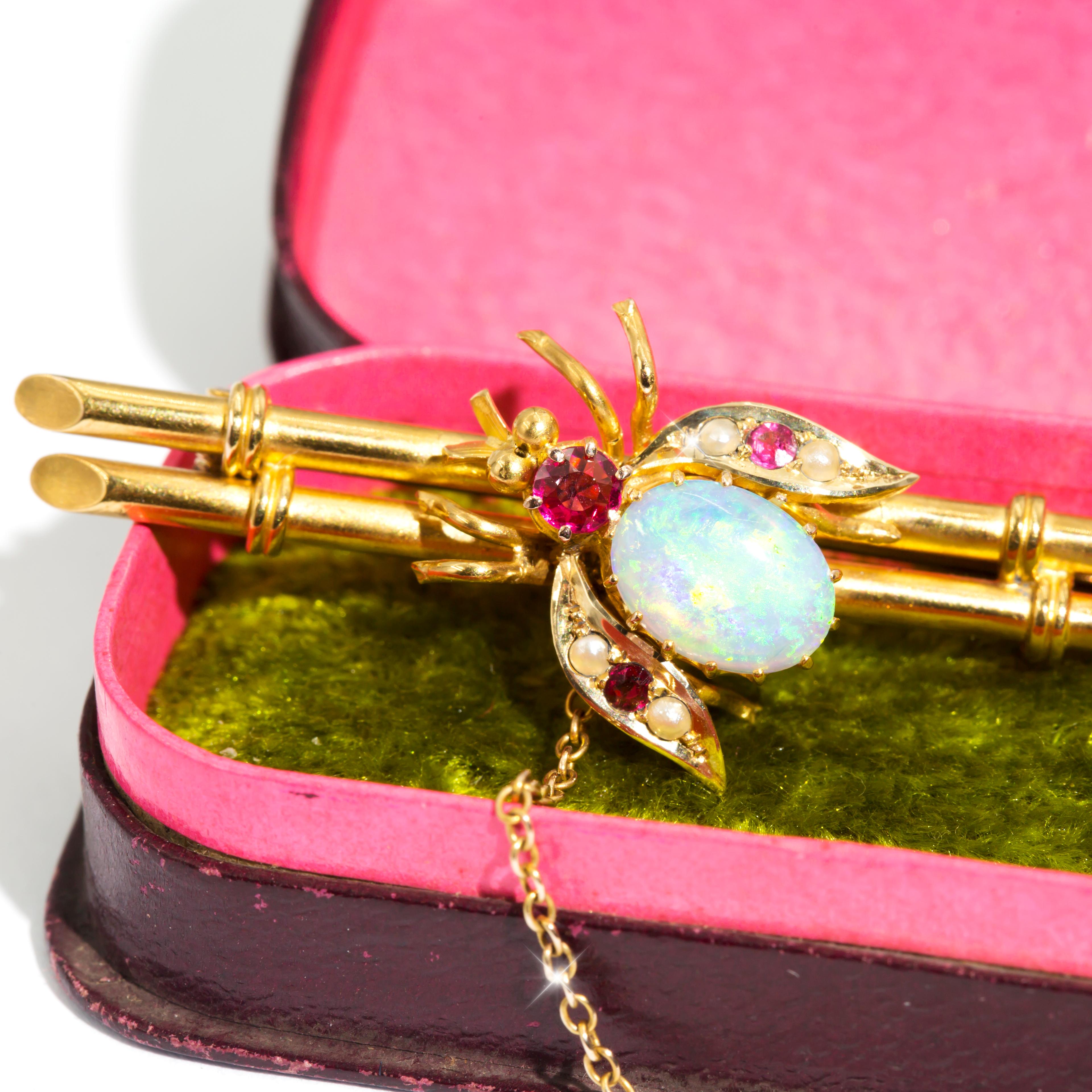 15 Carat Yellow Gold Crystal Opal and Pearl Edwardian Antique Brooch with Box 5