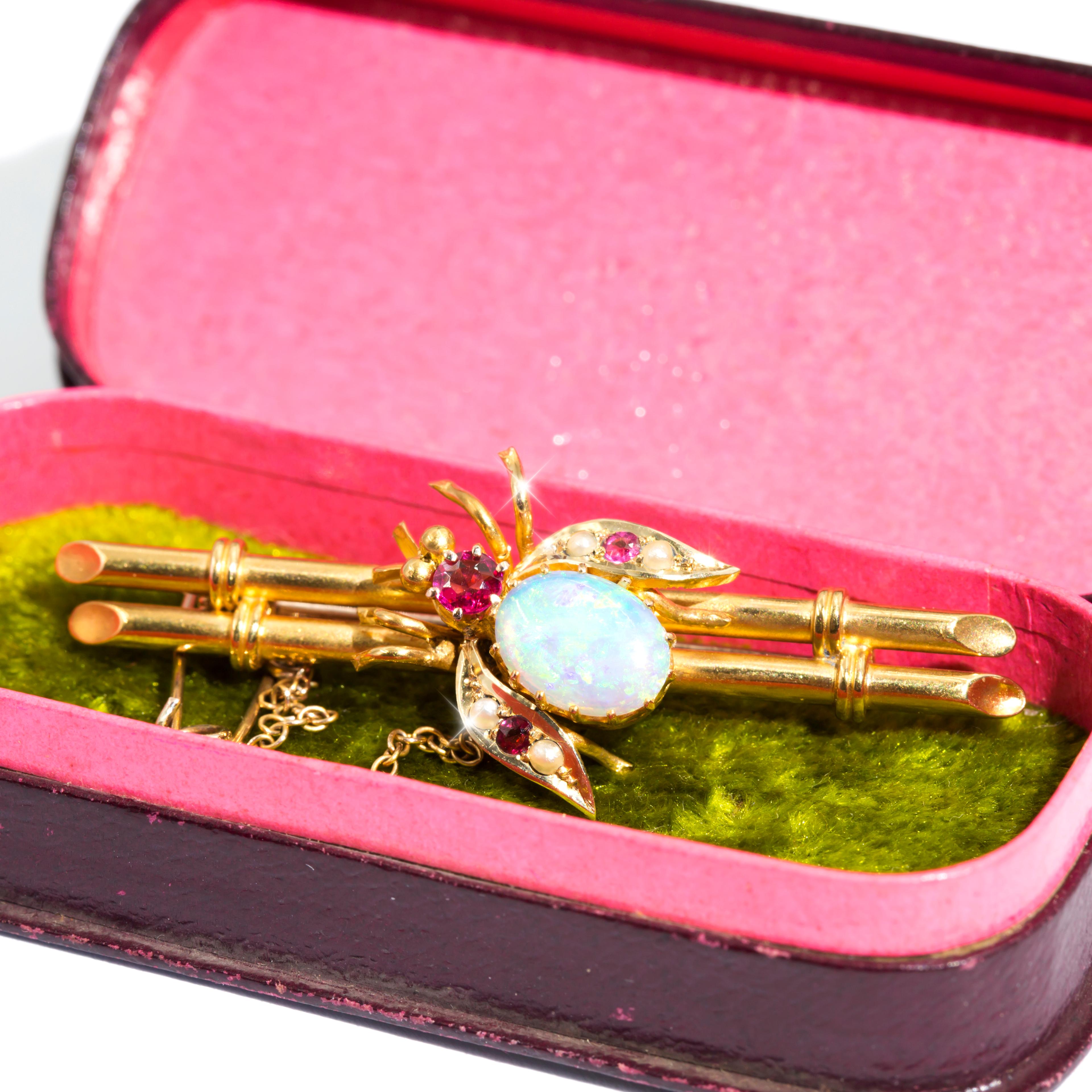 Cabochon 15 Carat Yellow Gold Crystal Opal and Pearl Edwardian Antique Brooch with Box