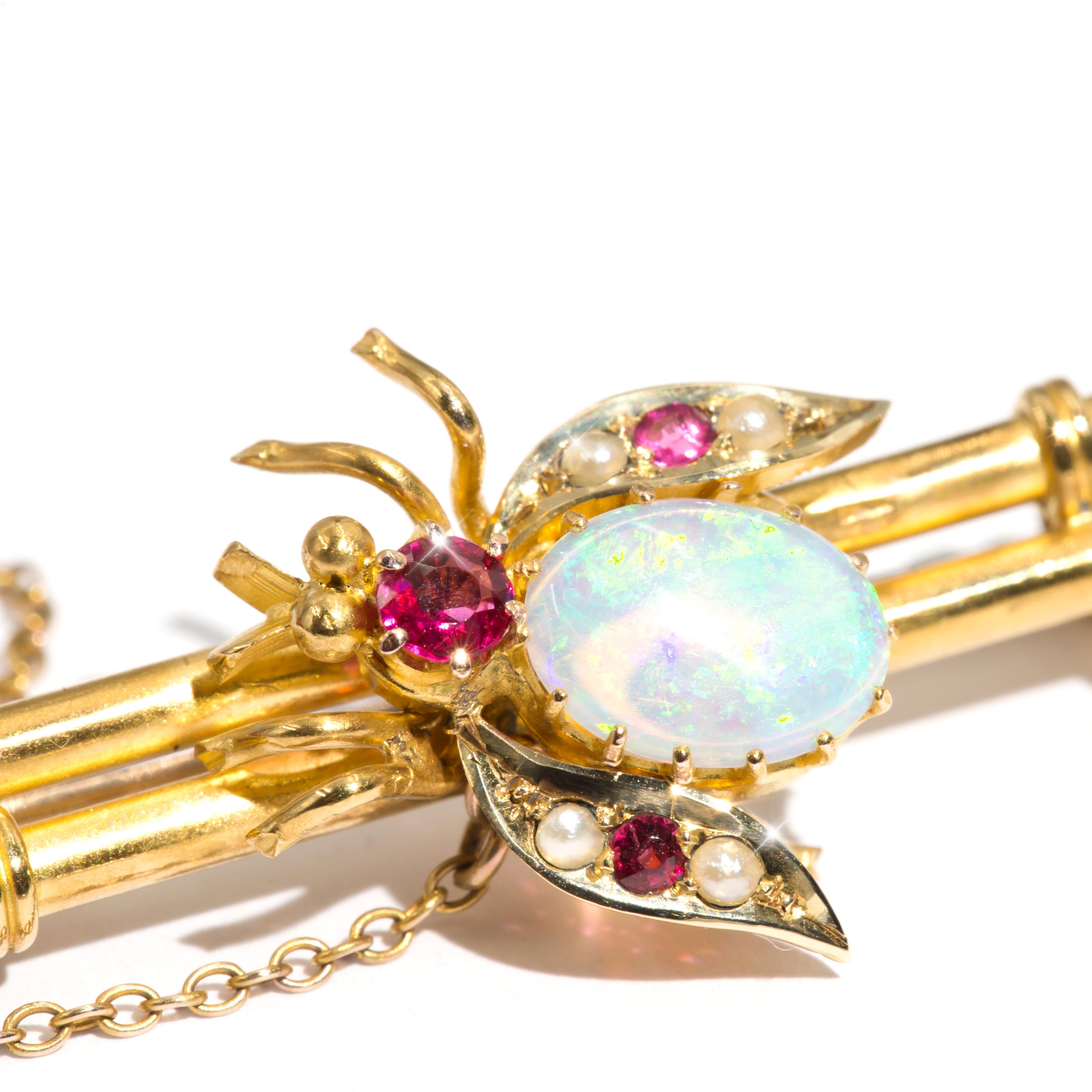15 Carat Yellow Gold Crystal Opal and Pearl Edwardian Antique Brooch with Box In Good Condition In Hamilton, AU