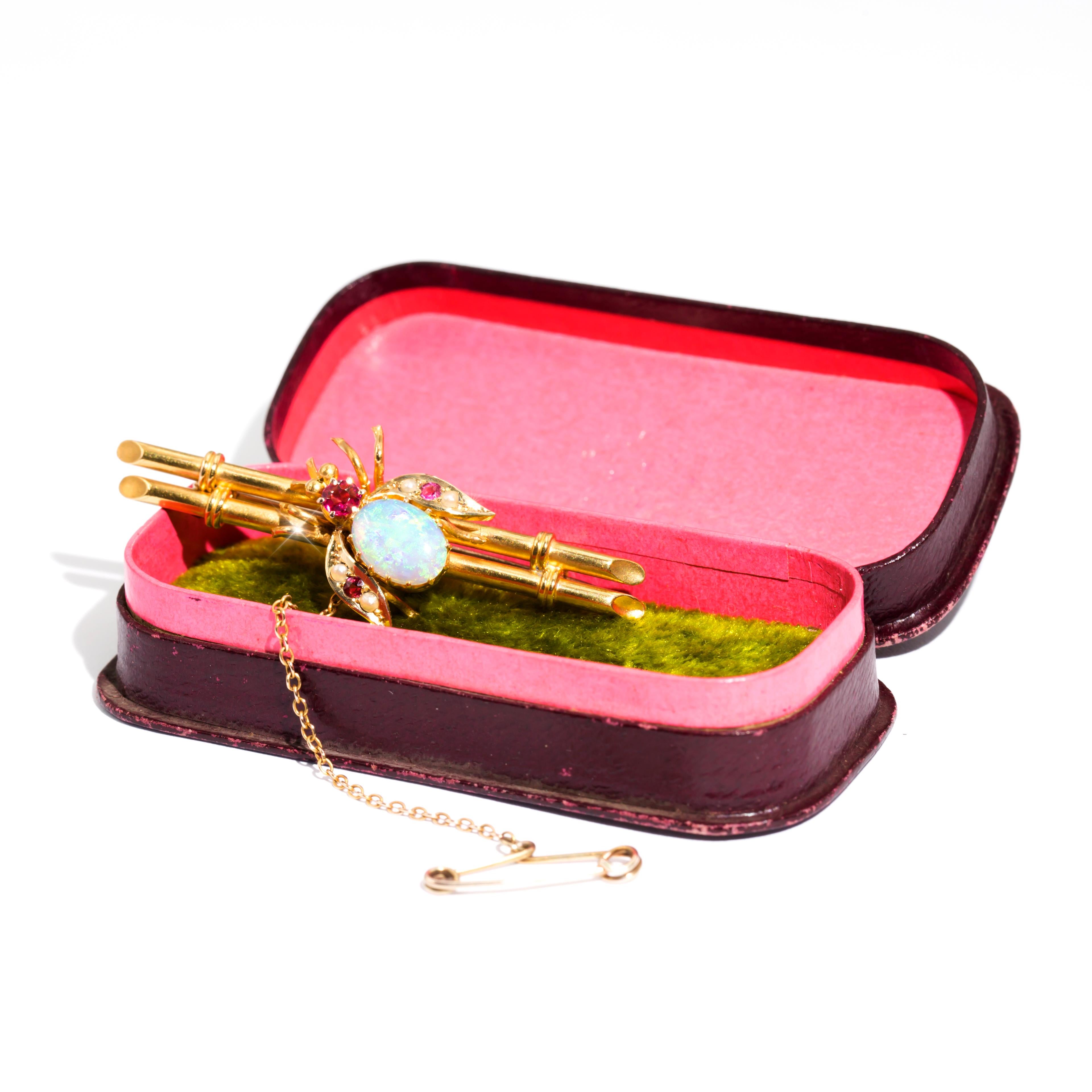15 Carat Yellow Gold Crystal Opal and Pearl Edwardian Antique Brooch with Box 3