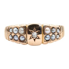 Bague vintage en or jaune 15 carats avec perles de taille vieille mine et graines