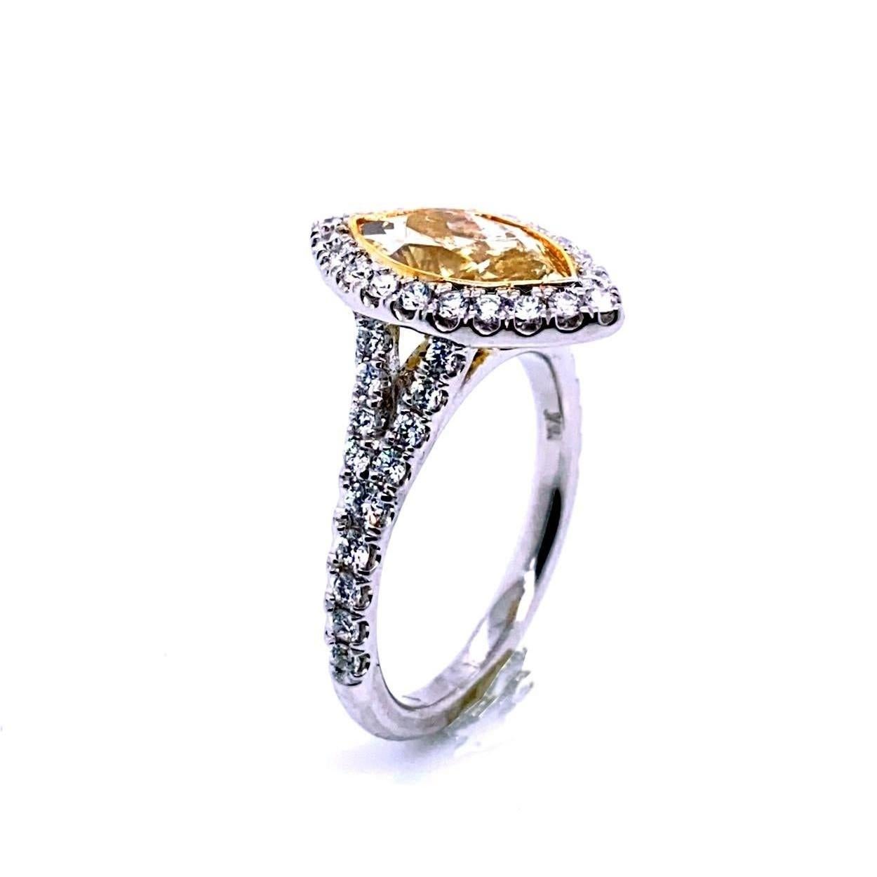 Marquise Cut 1.5 Carat Yellow MQ Diamond in Pave Set 18 Karat Split Shank Ring with Halo For Sale