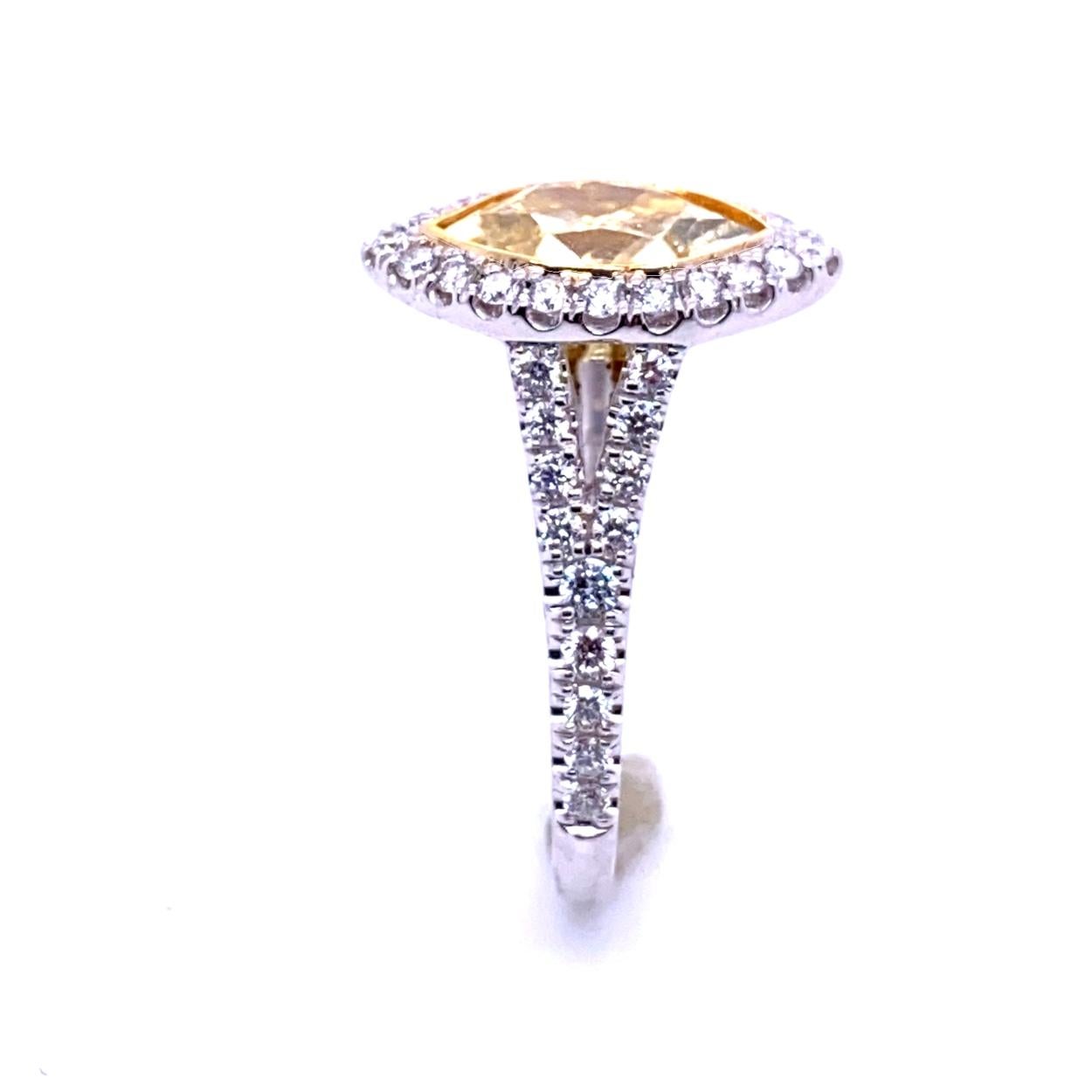 1.5 Carat Yellow MQ Diamond in Pave Set 18 Karat Split Shank Ring with Halo In New Condition For Sale In Los Angeles, CA