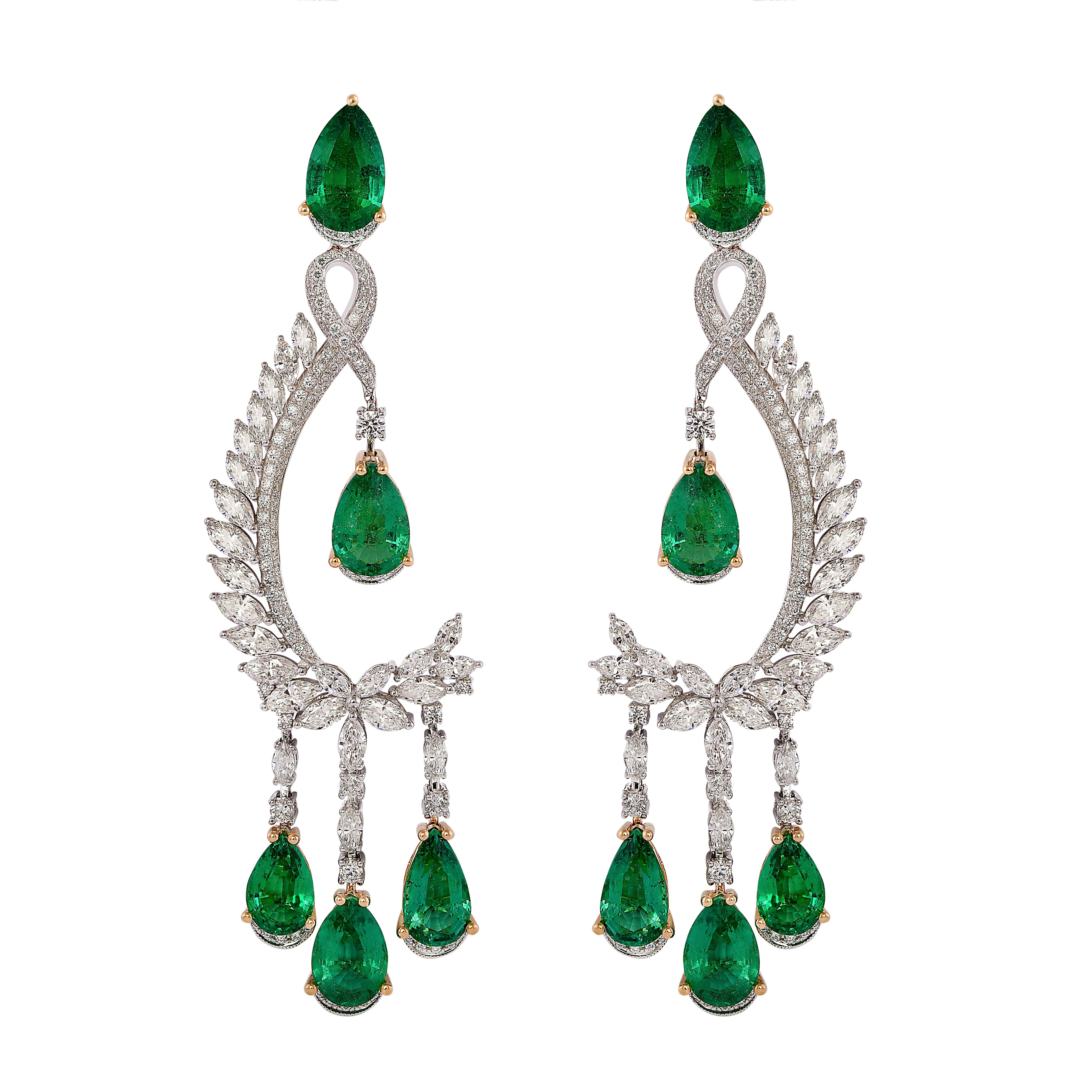 Pear Cut 15 Carat Emerald and Diamond Earrings in 18 Karat White & Yellow Gold For Sale