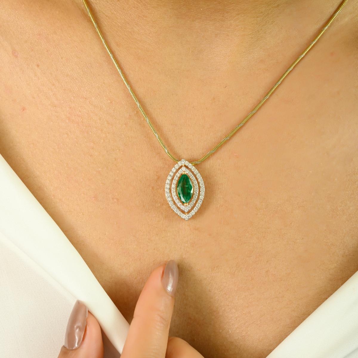 Marquise Cut 1.5 Carat Zambian Emerald & Diamond Marquise Pendant Made in 18k Yellow Gold For Sale