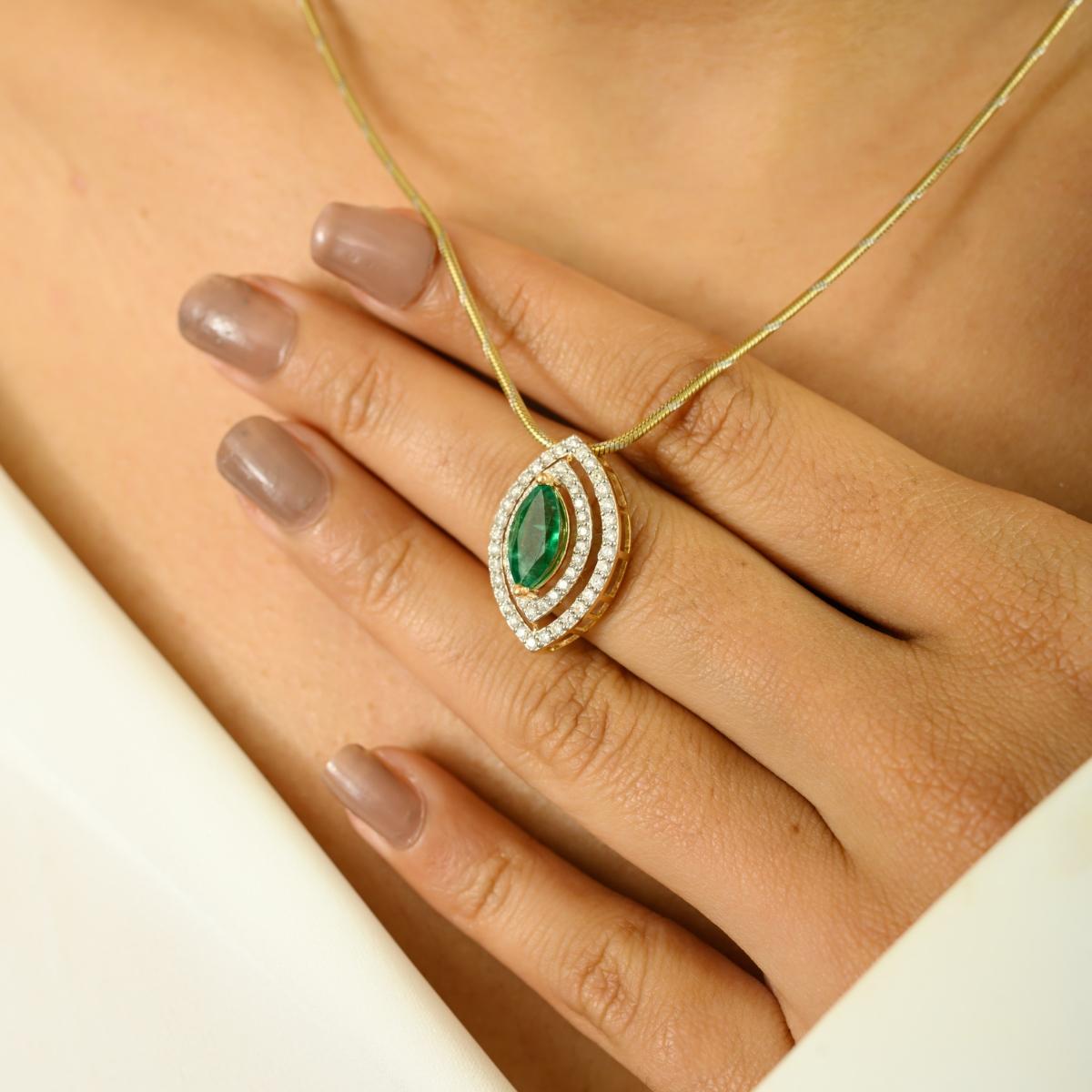 1.5 Carat Zambian Emerald & Diamond Marquise Pendant Made in 18k Yellow Gold For Sale 2