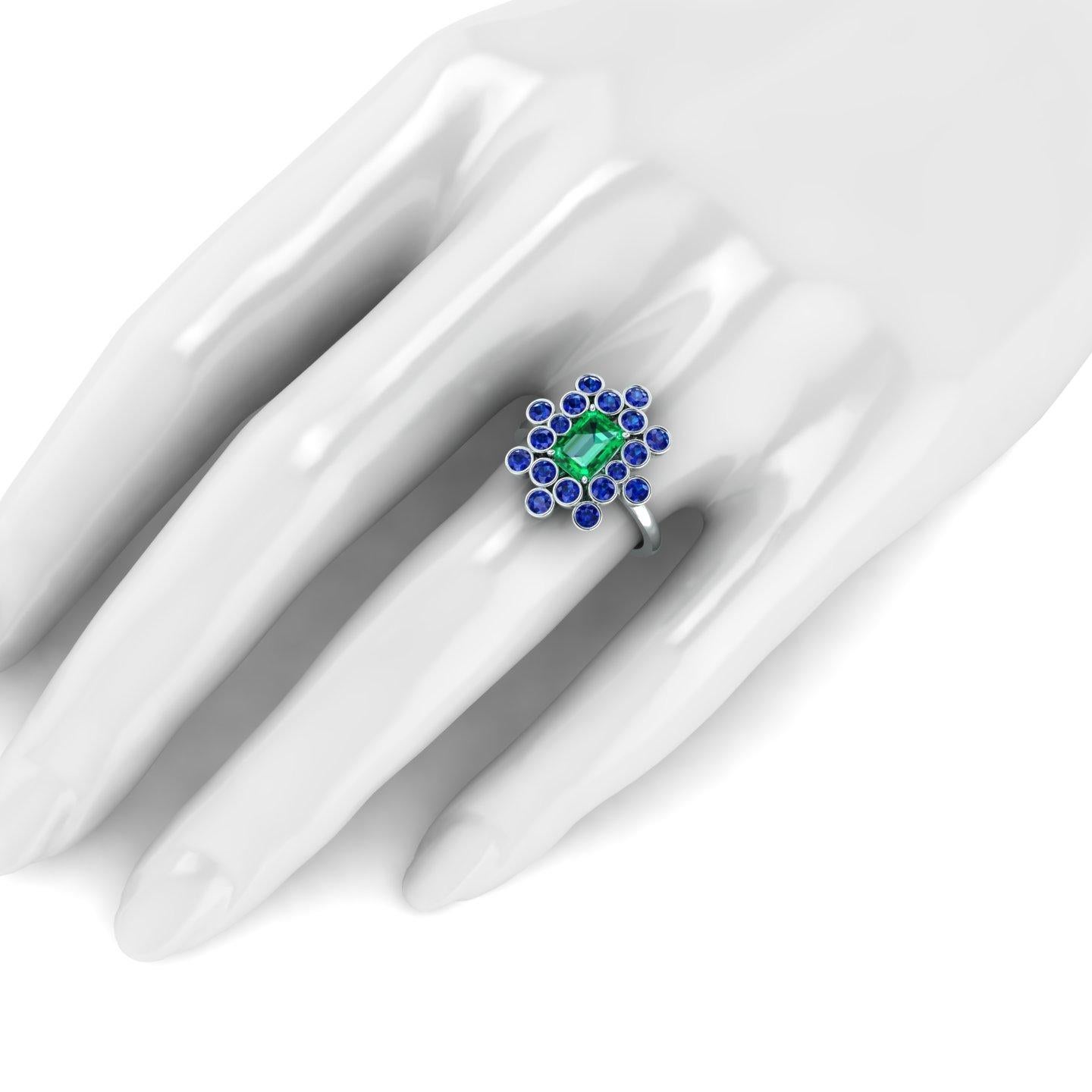 1.69 carats GIA Certified, colombian Emeralds and Blue Sapphires for an approxiamte carat weight of 0.70 carats, conceived in Platinum, this design offers a modern view of nature's organic lines, combining the freshnes of Green and Blue.
Only made