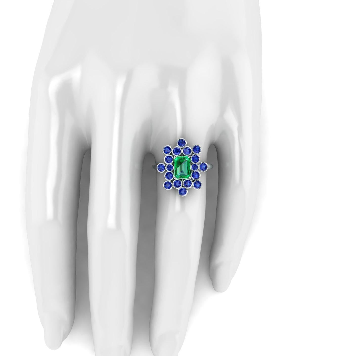 1,69 Karat GIA zertifizierter kolumbianischer Smaragd und blaue Saphire Cluster Platin Ring (Art nouveau) im Angebot