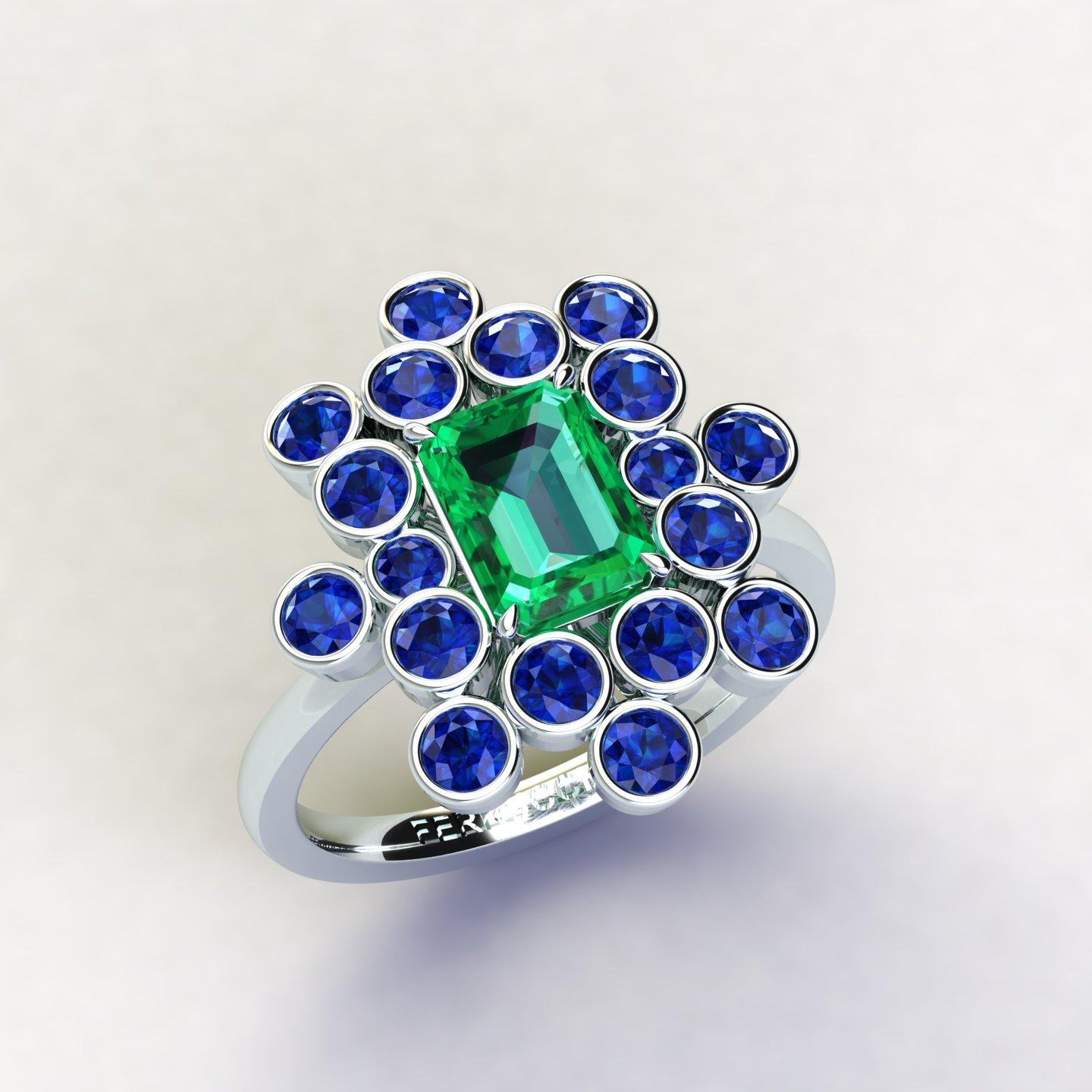 Emerald Cut 1.69 Ct GIA Certified Colombian Emerald and Blue Sapphires Cluster Platinum Ring For Sale