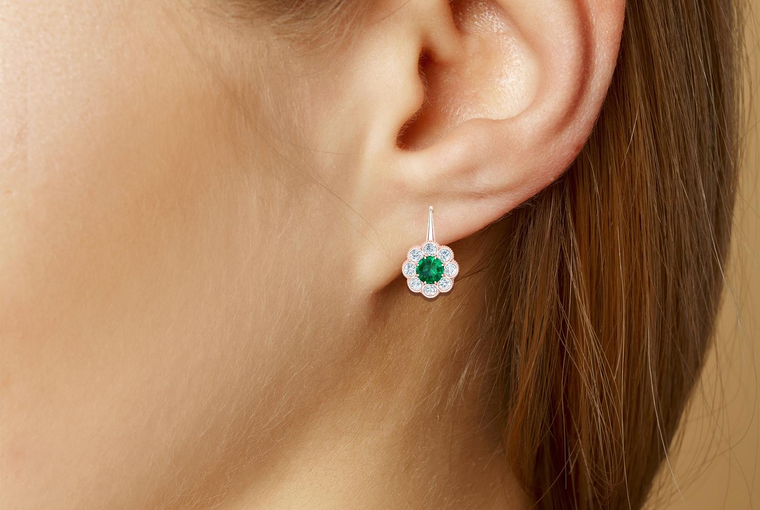 Round Cut 1.5 Carat Emeralds and Diamond Rose Gold Drop Earrings For Sale