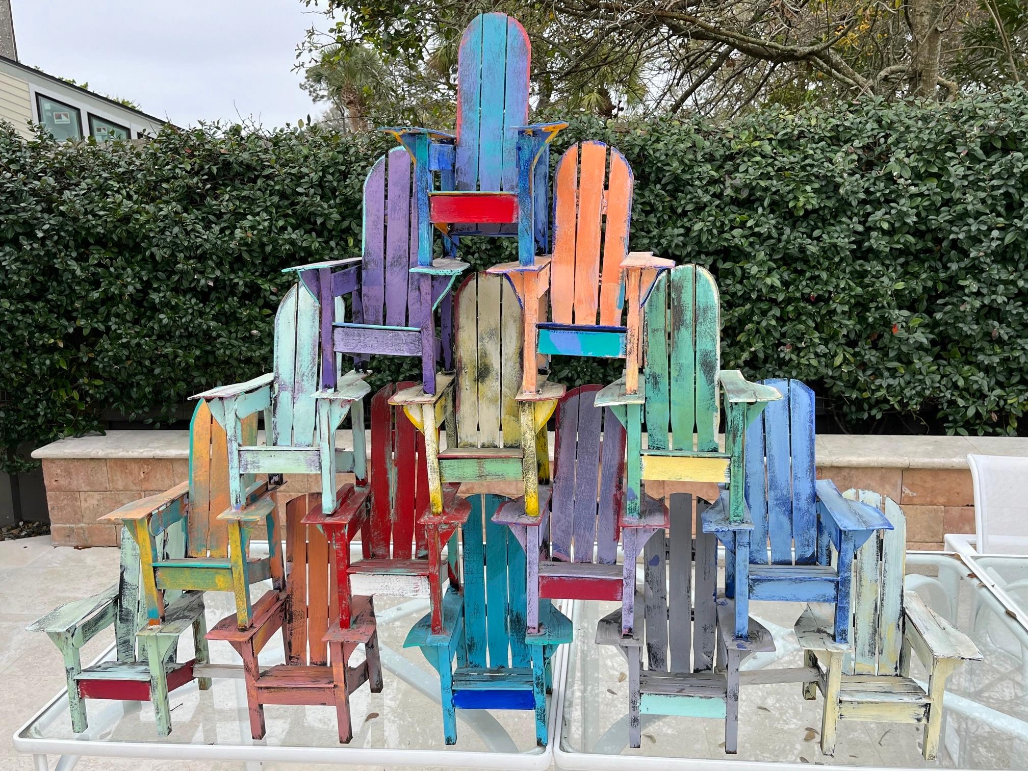 Artisanat « 15 Chair Jumble » Sculpture murale colorée de chaise Adirondack de Paul Jacobsen  en vente