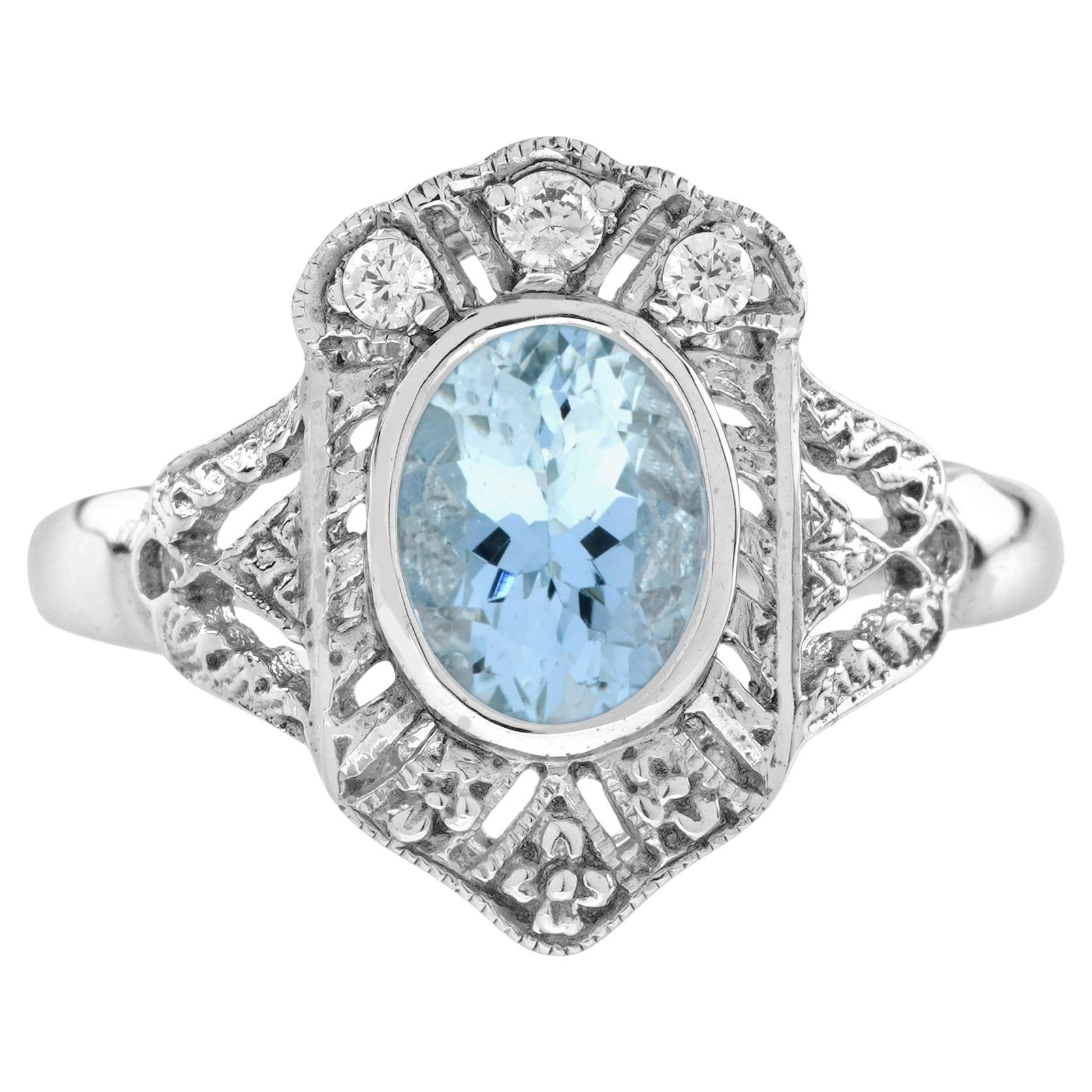 1.5 Ct. Aquamarine and Diamond Art Deco Style Engagement Ring in 14K White Gold