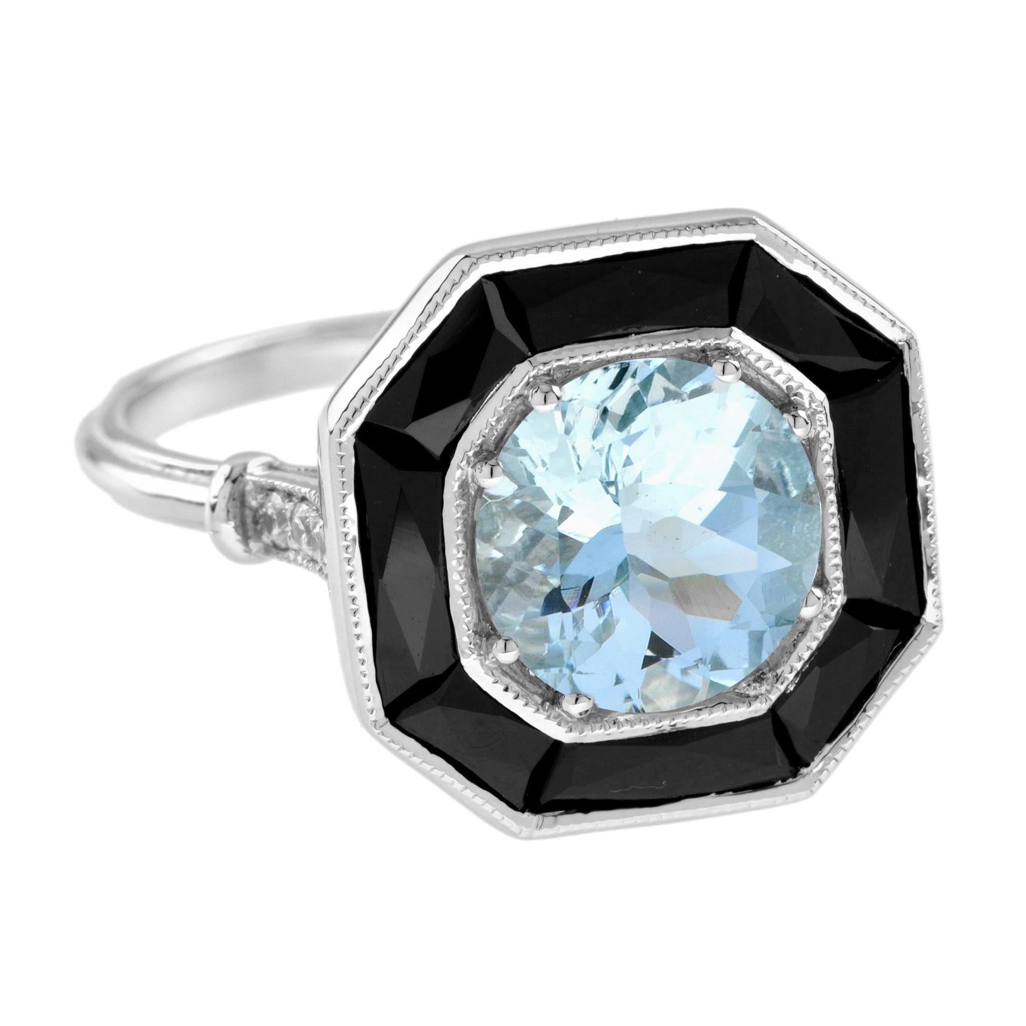 Round Cut 1.5 Ct. Aquamarine and Onyx Halo Art Deco Style Ring in 18K White Gold  For Sale