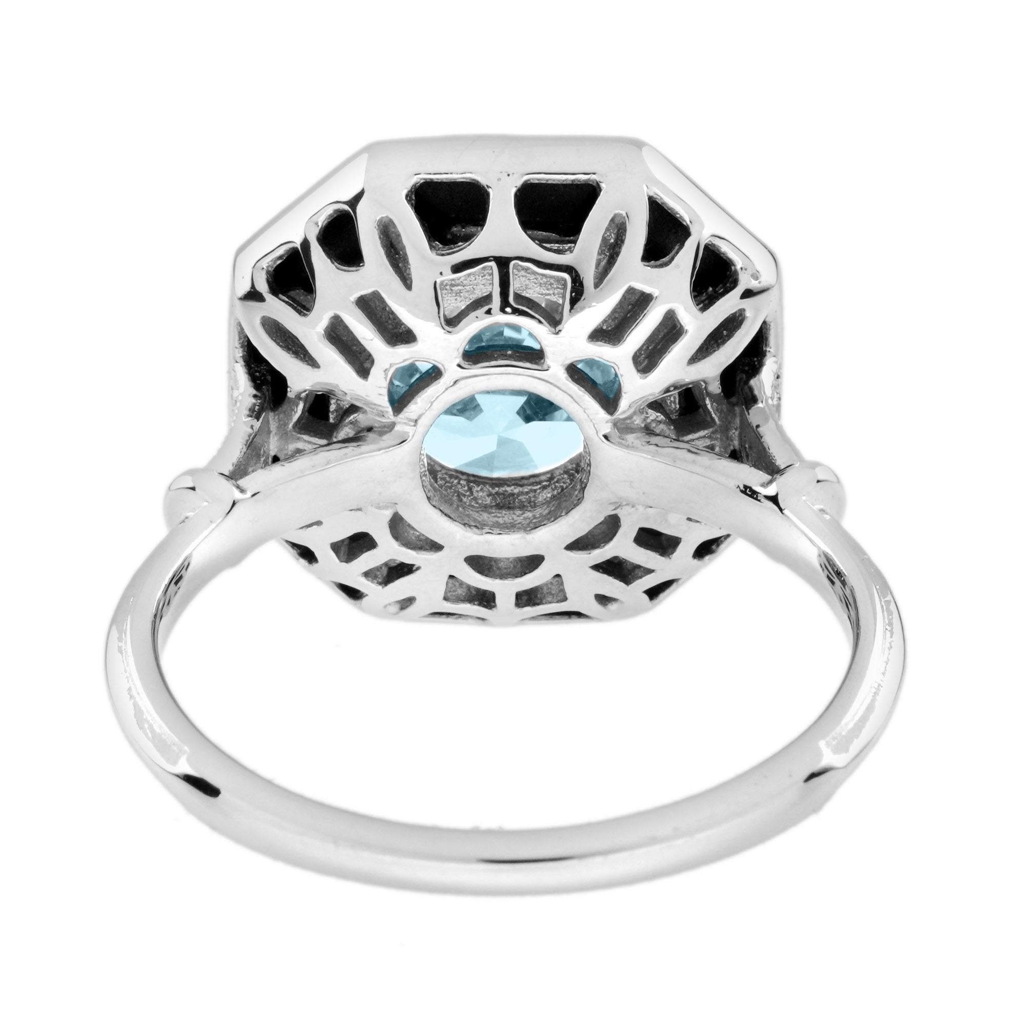 Women's 1.5 Ct. Aquamarine and Onyx Halo Art Deco Style Ring in 18K White Gold  For Sale