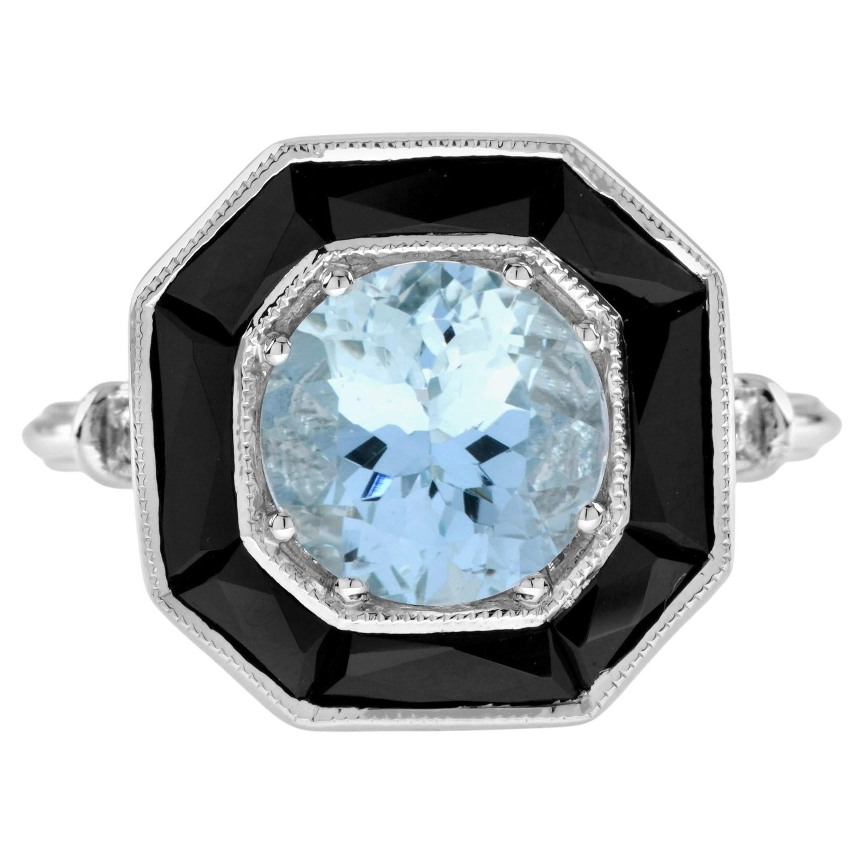 1.5 Ct. Aquamarine and Onyx Halo Art Deco Style Ring in 18K White Gold 