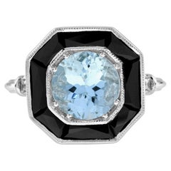1.5 Ct. Aquamarine and Onyx Halo Art Deco Style Ring in 18K White Gold 