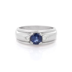 Genuine Blue Sapphire and Diamond Dome Ring in 18k Solid White Gold