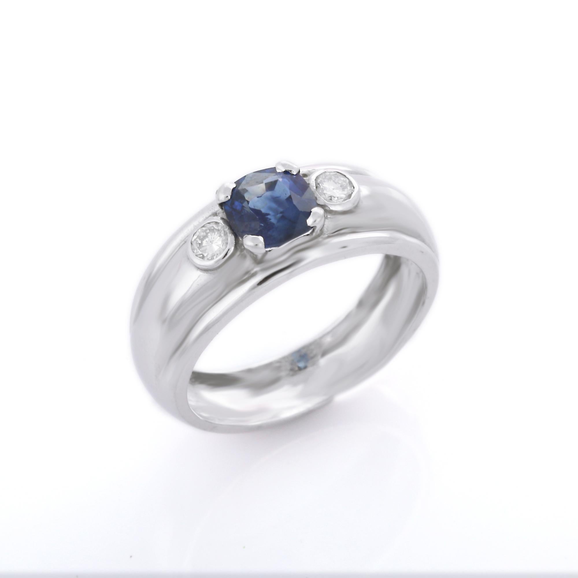 For Sale:  Genuine Blue Sapphire and Diamond Dome Ring in 18k Solid White Gold 5