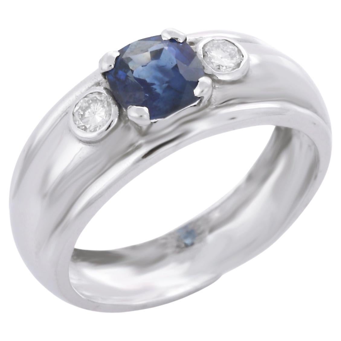 1.5 Ct Blue Sapphire Band Style Wedding Ring 18K Solid White Gold with Diamonds