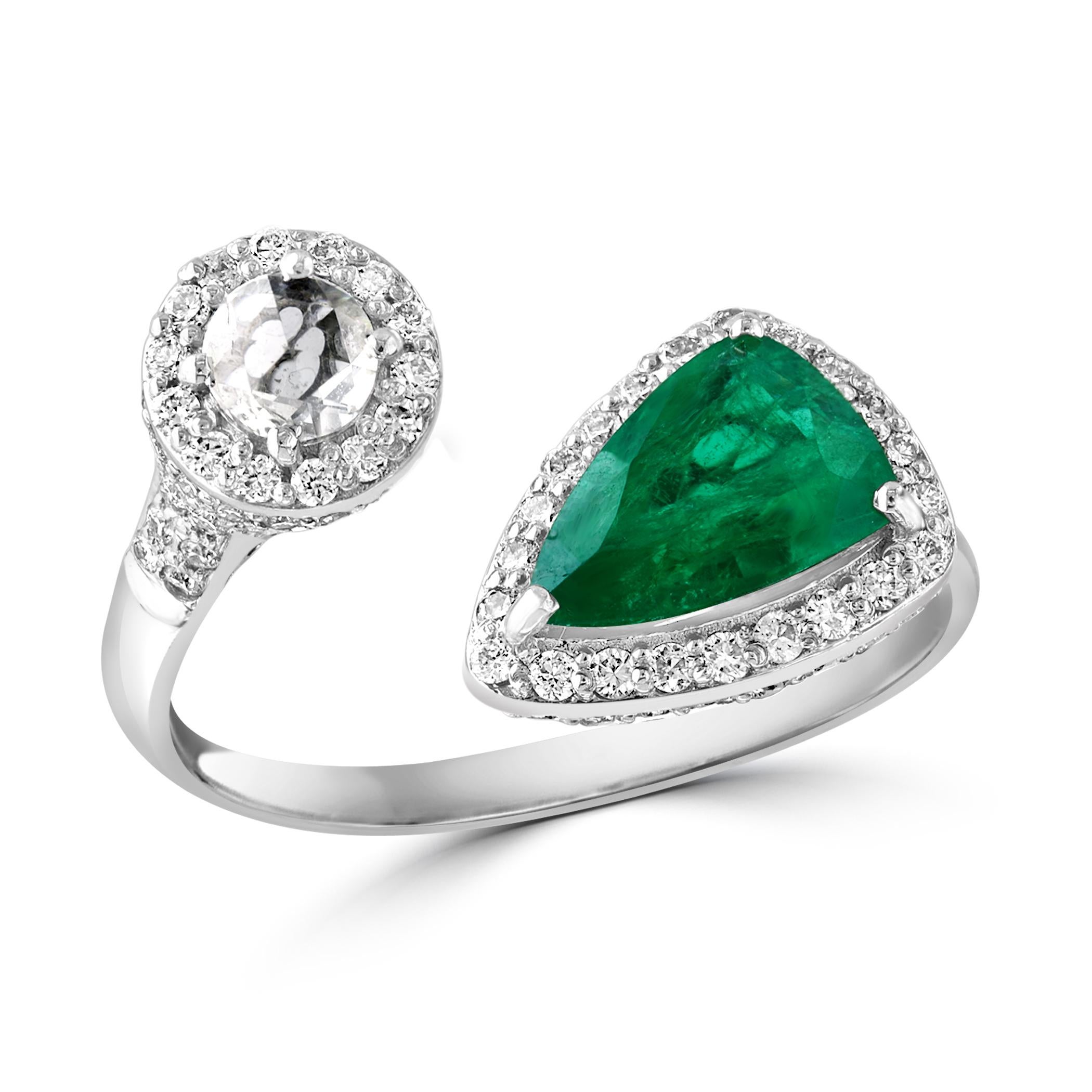 Pear Cut 1.5 Ct Finest Colombian Pear Emerald & 1 Ct Diamond Ring in 18 Kt Gold Size 8 For Sale