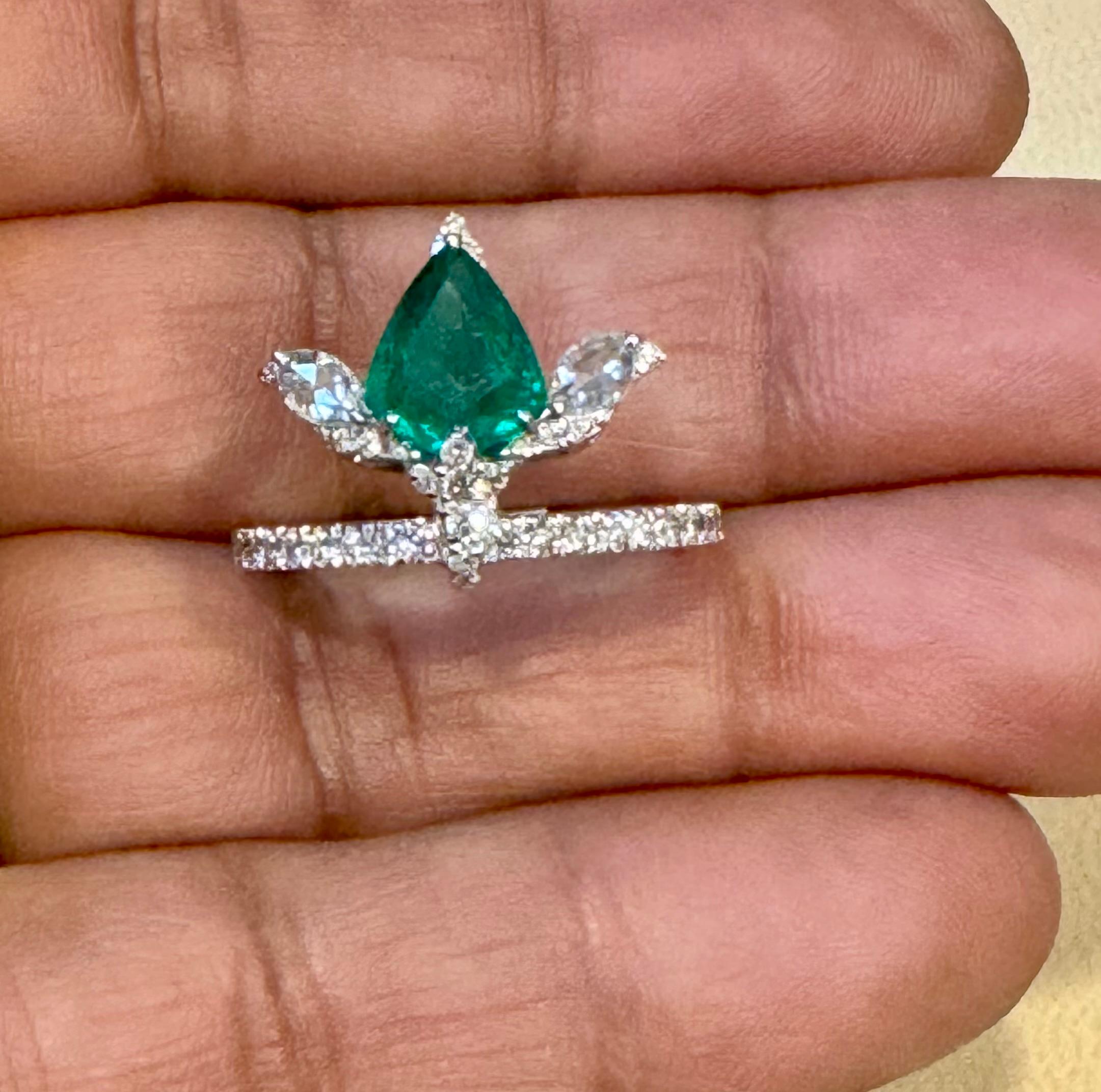 1.2 Ct Finest Zambian Pear Emerald & 1 Ct Diamond Ring in 18 Kt Gold Size 6.5 For Sale 8