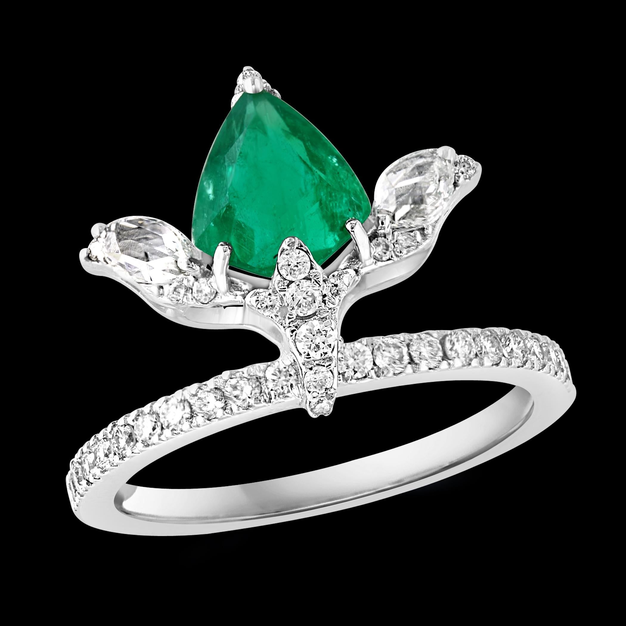 Pear Cut 1.2 Ct Finest Zambian Pear Emerald & 1 Ct Diamond Ring in 18 Kt Gold Size 6.5 For Sale