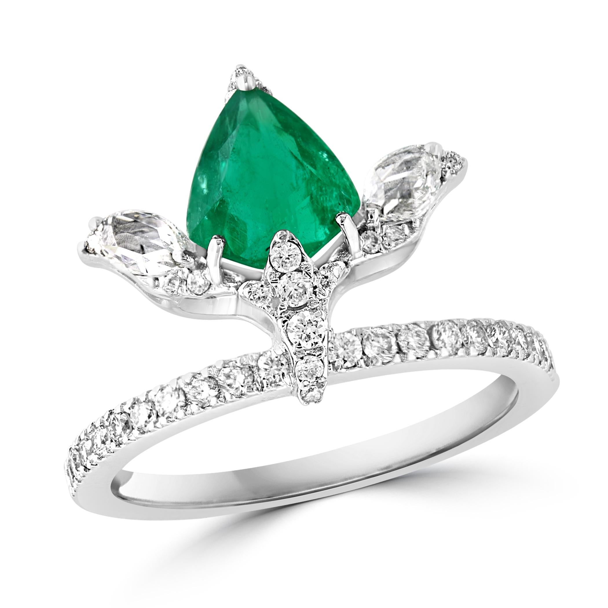 1.2 Ct Finest Zambian Pear Emerald & 1 Ct Diamond Ring in 18 Kt Gold Size 6.5 For Sale