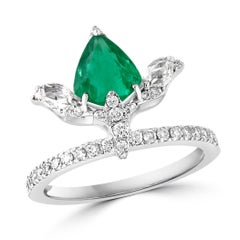 1.2 Ct Finest Zambian Pear Emerald & 1 Ct Diamond Ring in 18 Kt Gold Size 6.5
