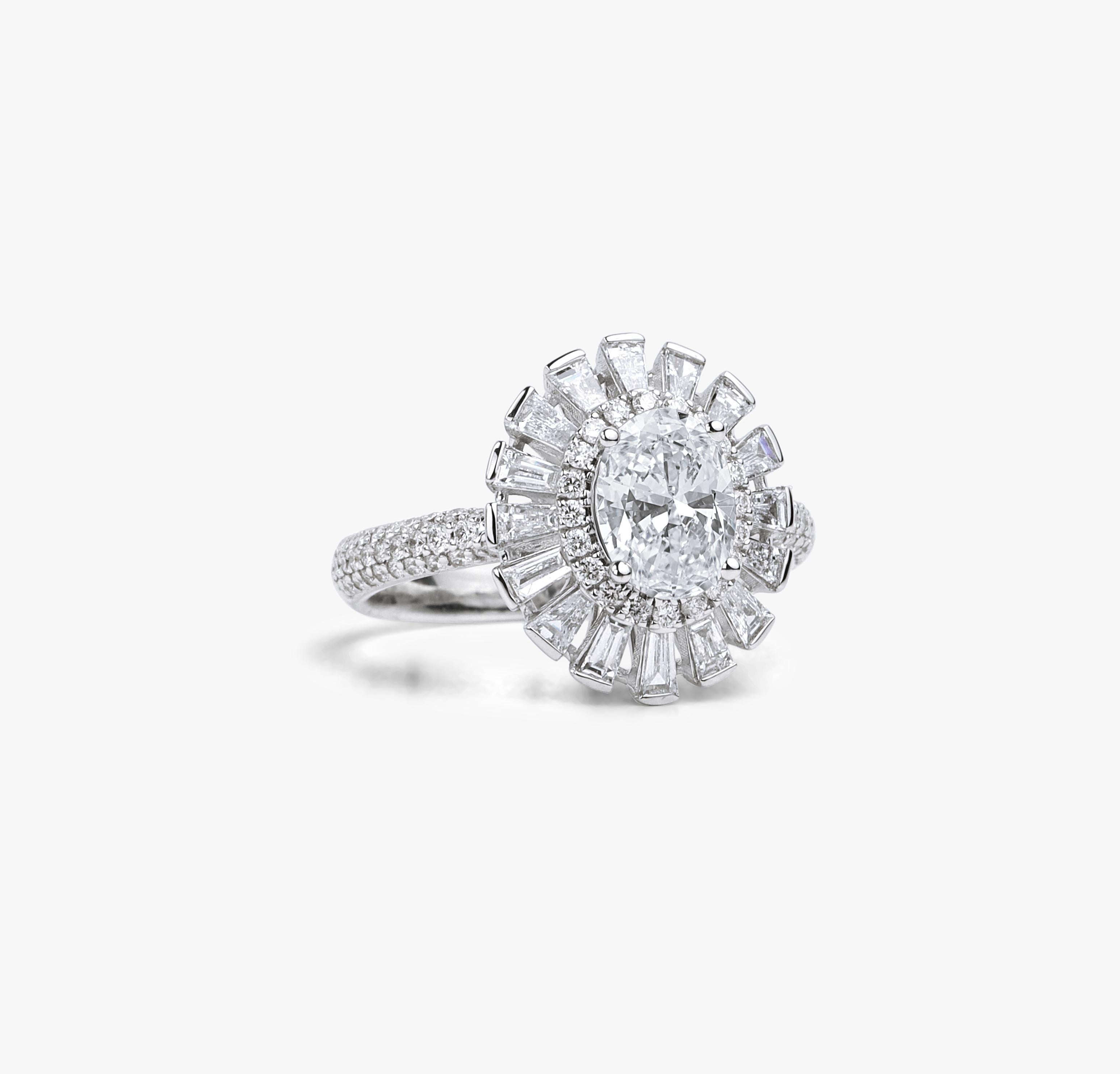 GIA-Bericht zertifizierter Verlobungsring mit 1,5 Karat ovalem Diamant-Halo im Baguetteschliff (Art déco) im Angebot