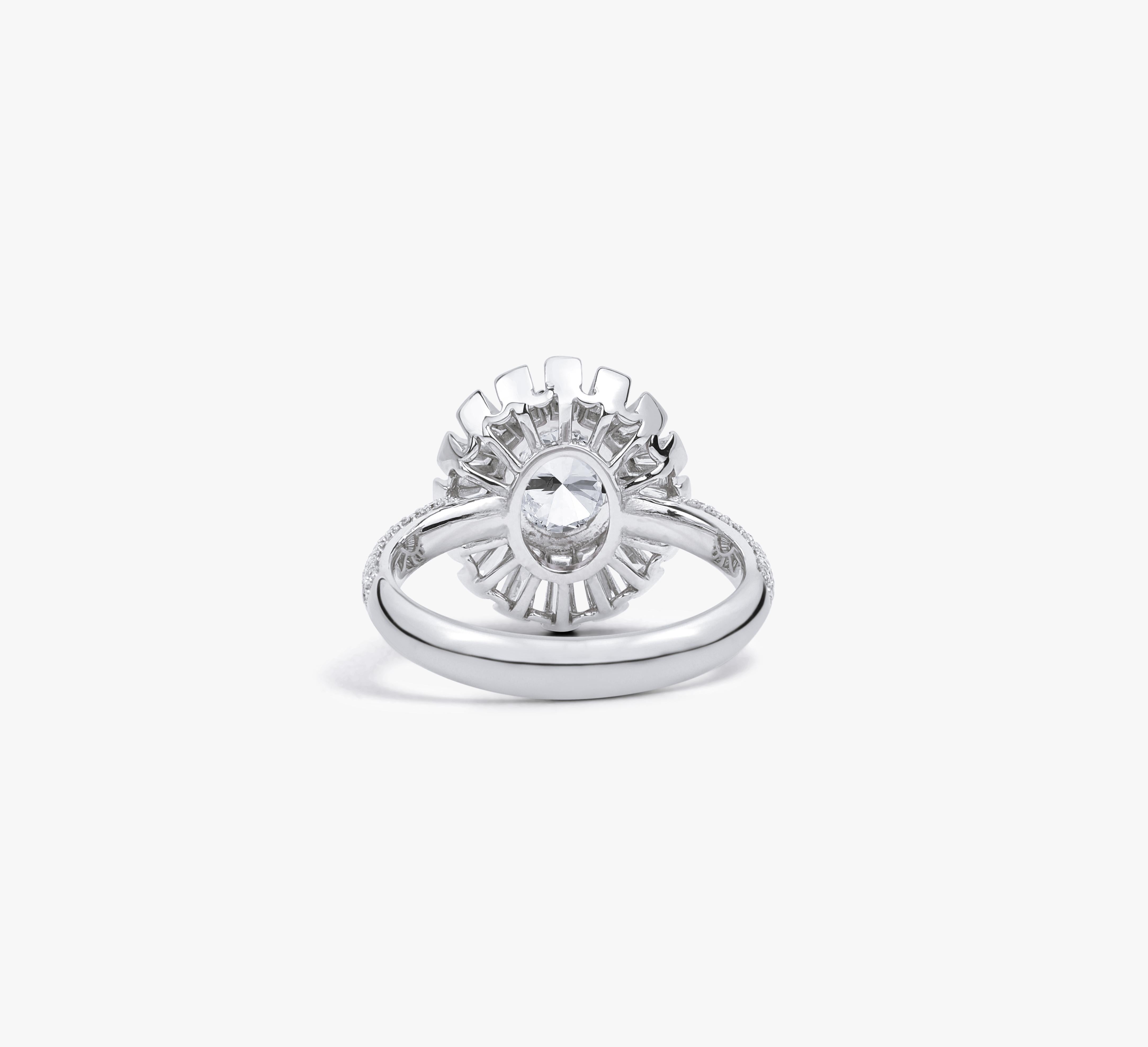 GIA-Bericht zertifizierter Verlobungsring mit 1,5 Karat ovalem Diamant-Halo im Baguetteschliff im Zustand „Neu“ im Angebot in Jaipur, RJ