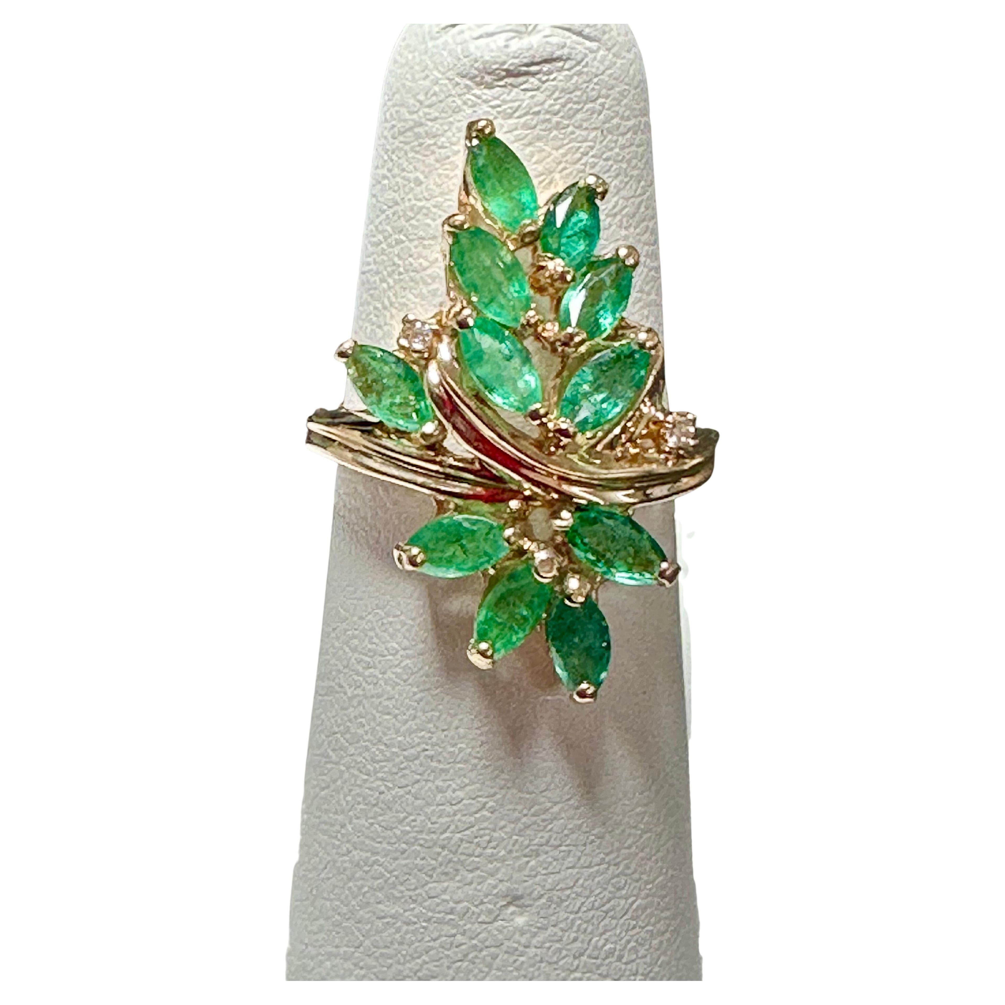1.5 Ct Natural Emerald, Marquise Stone and 2 Diamond Ring 14 Karat Yellow Gold For Sale