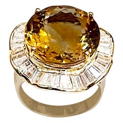 15 Ct Natural Round Citrine & Diamond Cocktail Ring 14 Karat Yellow Gold, Estate