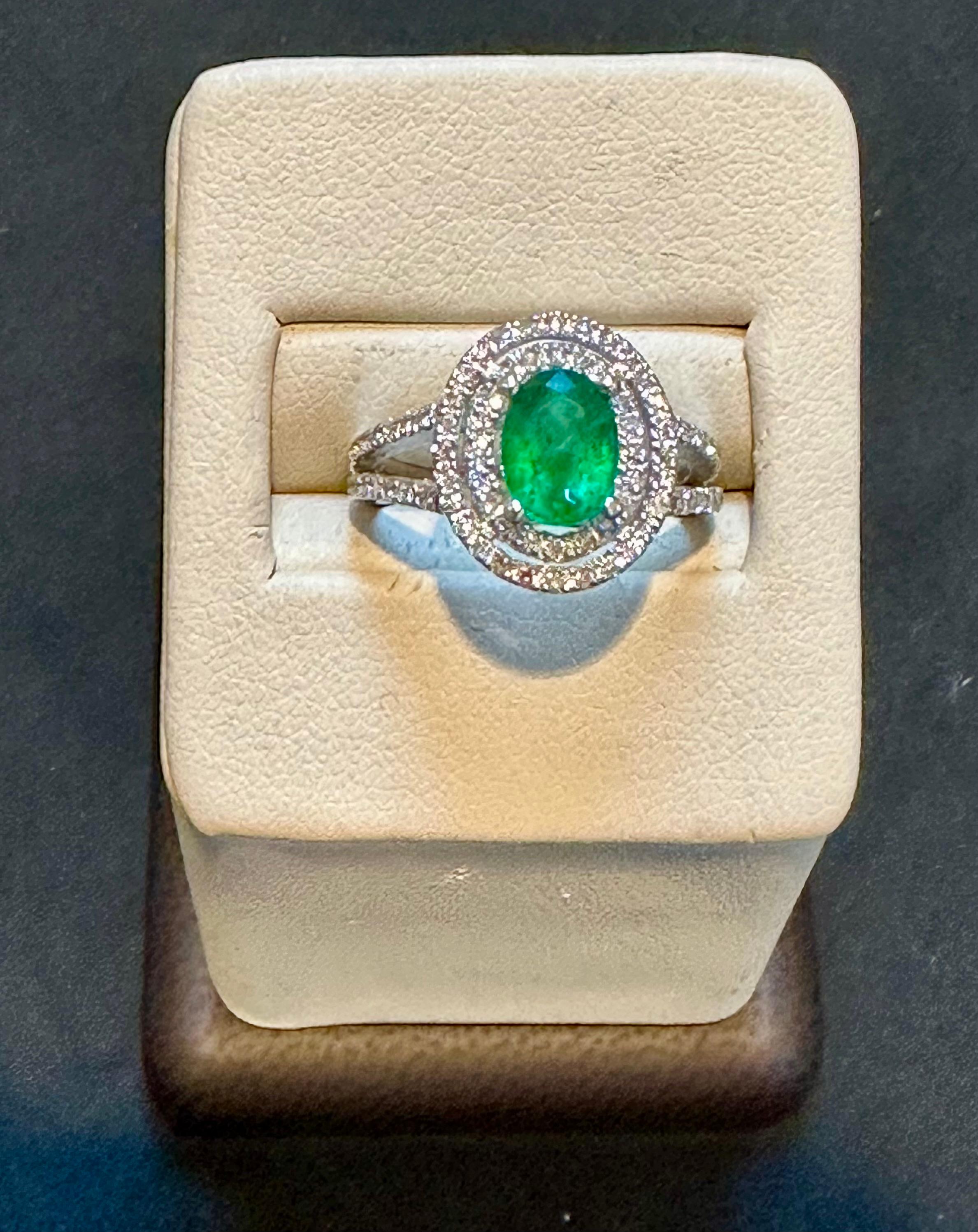 1.5 Ct Oval Cut Natural Emerald & 2 Ct Natural Diamond Halo Engagement Ring For Sale 1