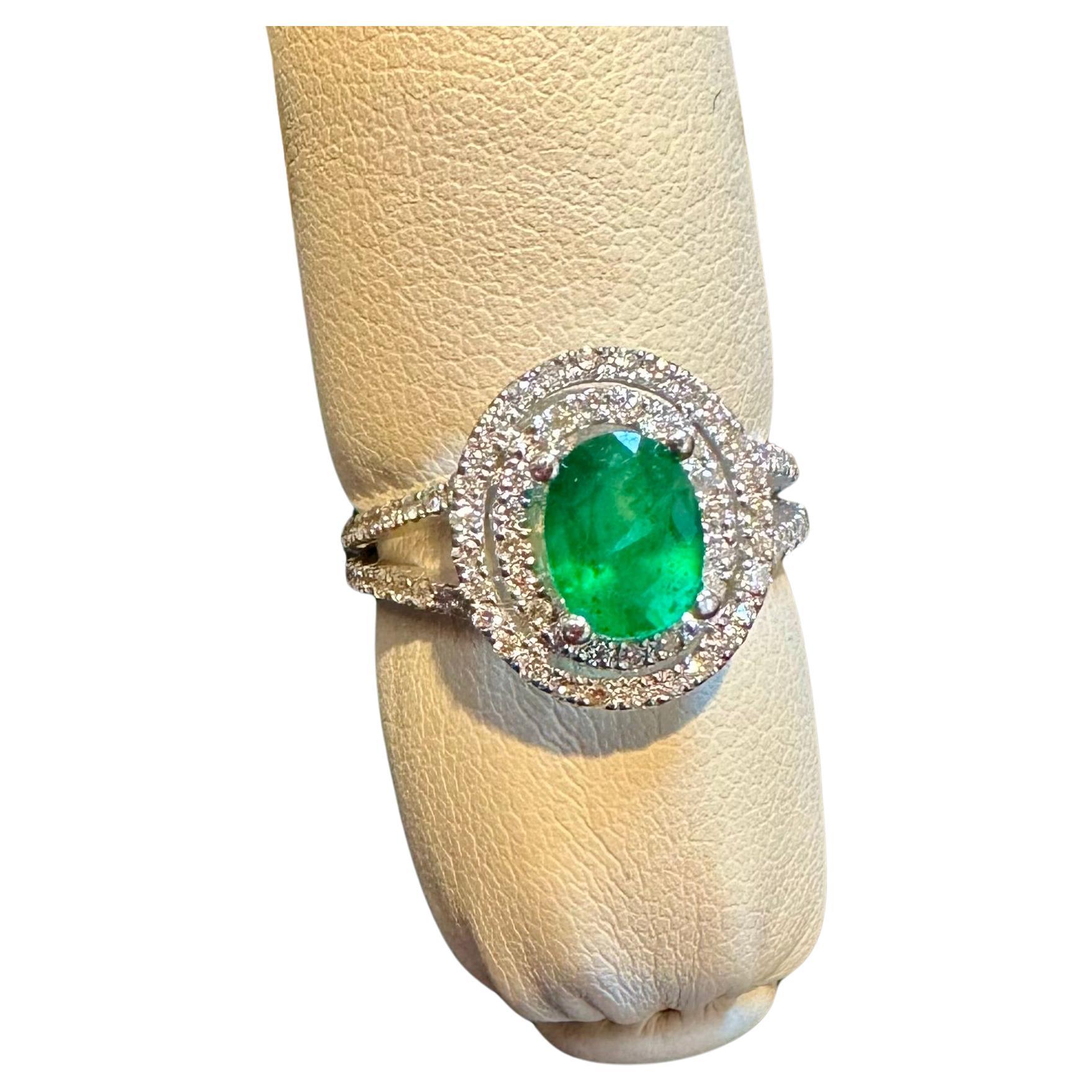 1.5 Ct Oval Cut Natural Emerald & 2 Ct Natural Diamond Halo Engagement Ring