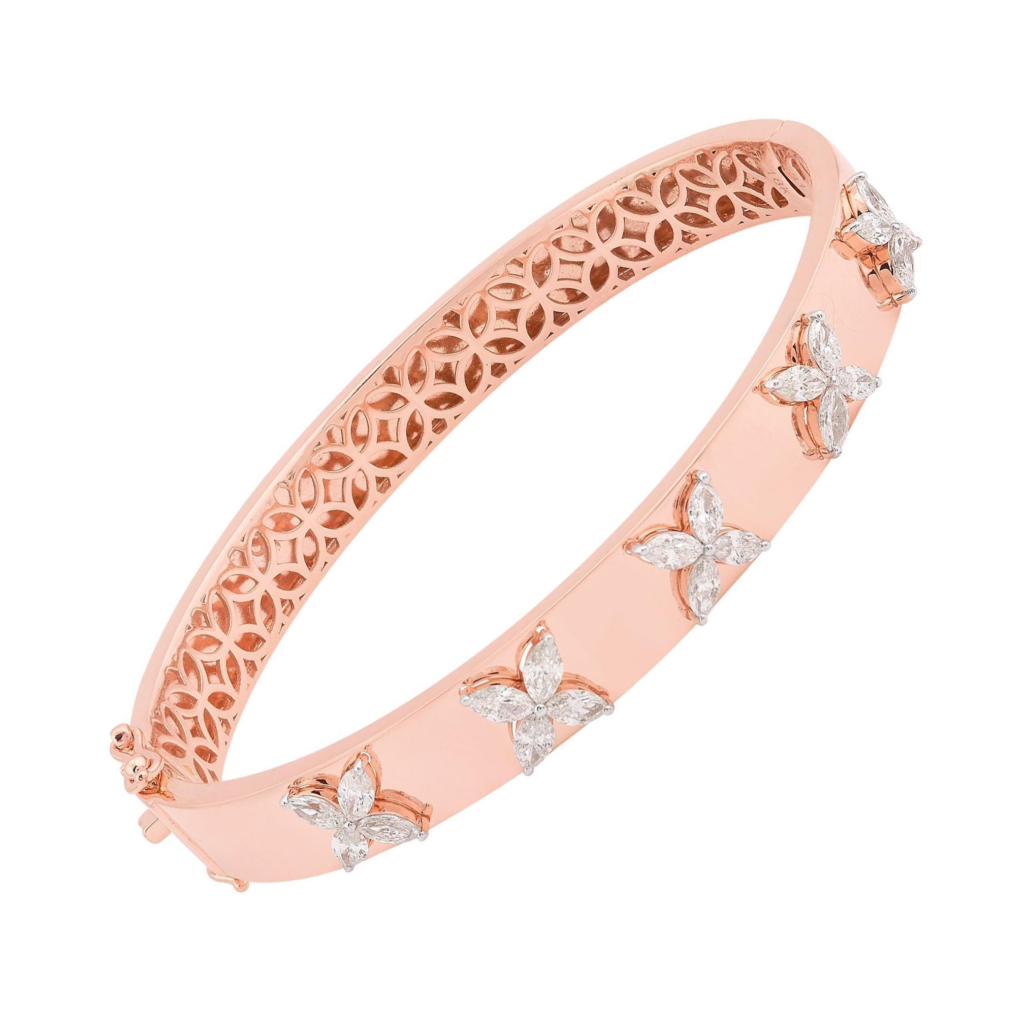 1.5ct SI/HI Marquise Diamond Floral 14 Karat Rose Gold Cuff Bangle Bracelet For Sale