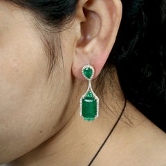 15 ct Zambian Emerald 2 Tier Dangle Earrings With Diamonds In 18k Yellow Gold