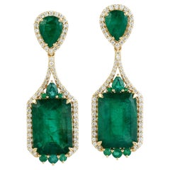 15 ct Zambian Emerald 2 Tier Dangle Earrings With Diamonds In 18k Yellow Gold