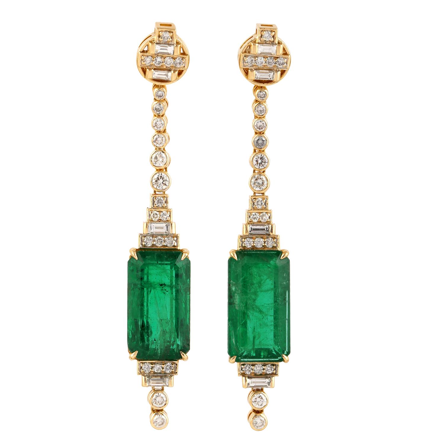 Mixed Cut 15 Cts. Long Zambian Emerald Octogen Pair Earrings in 18k Yellow Gold For Sale