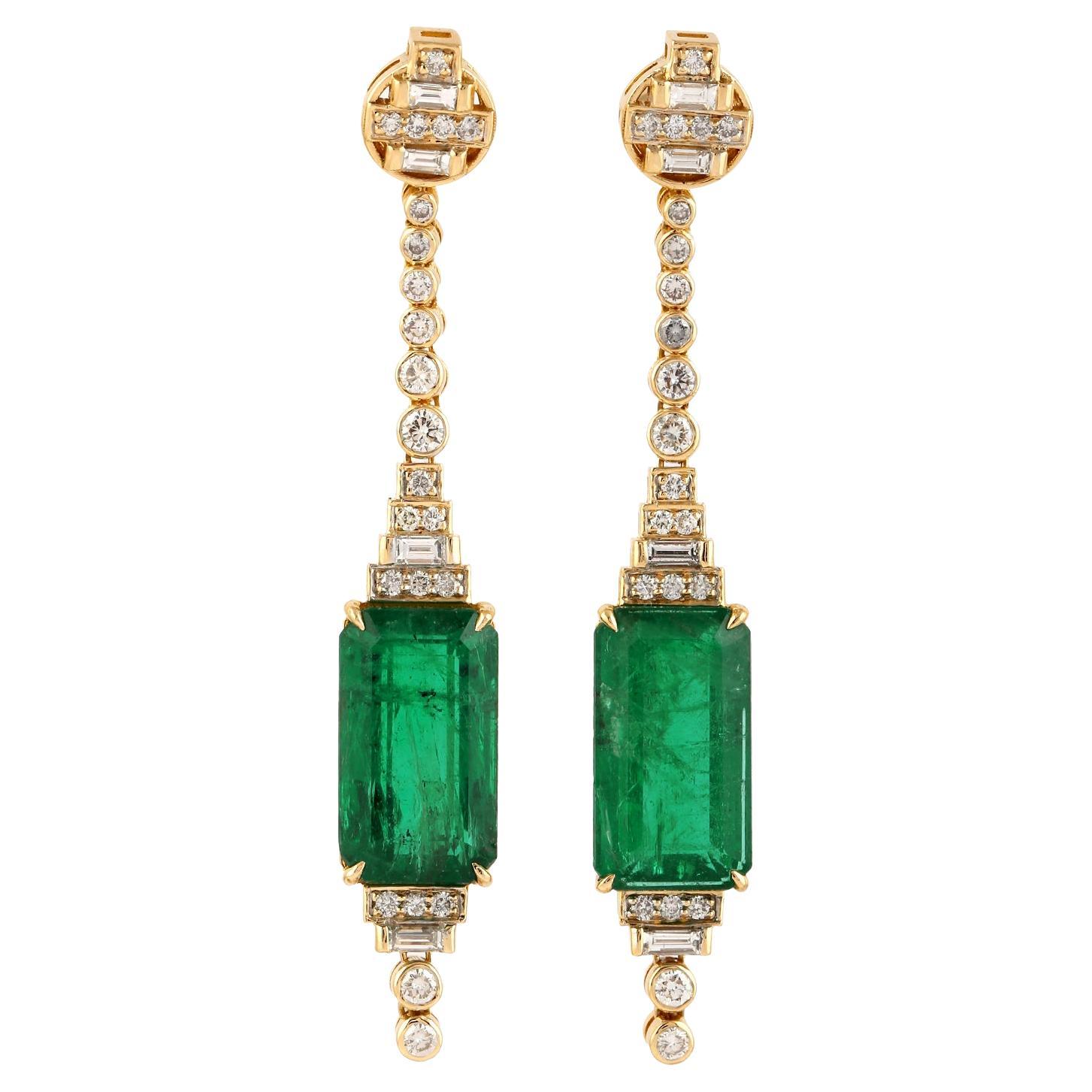 15 Cts. Long Zambian Emerald Octogen Pair Earrings in 18k Yellow Gold For Sale